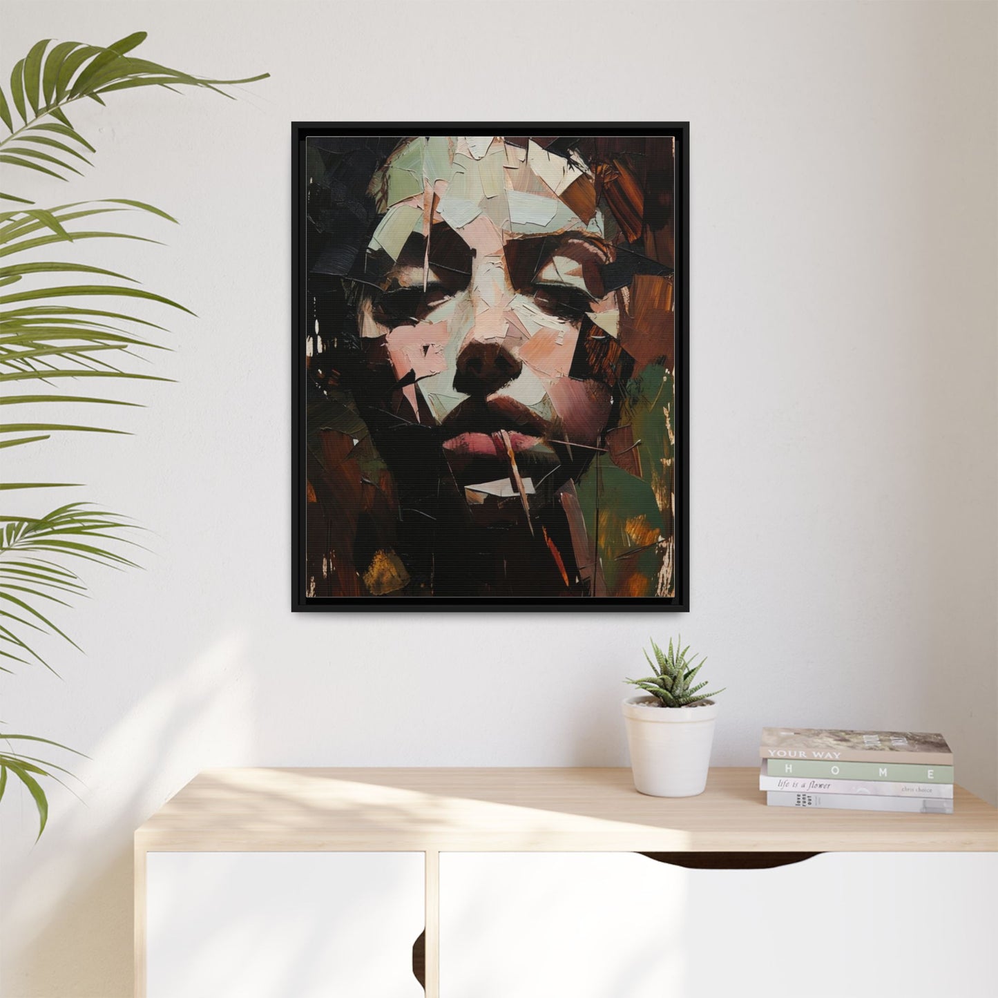 Matte Framed Canvas Art — Abstract Female Portrait, Moody Multicolor