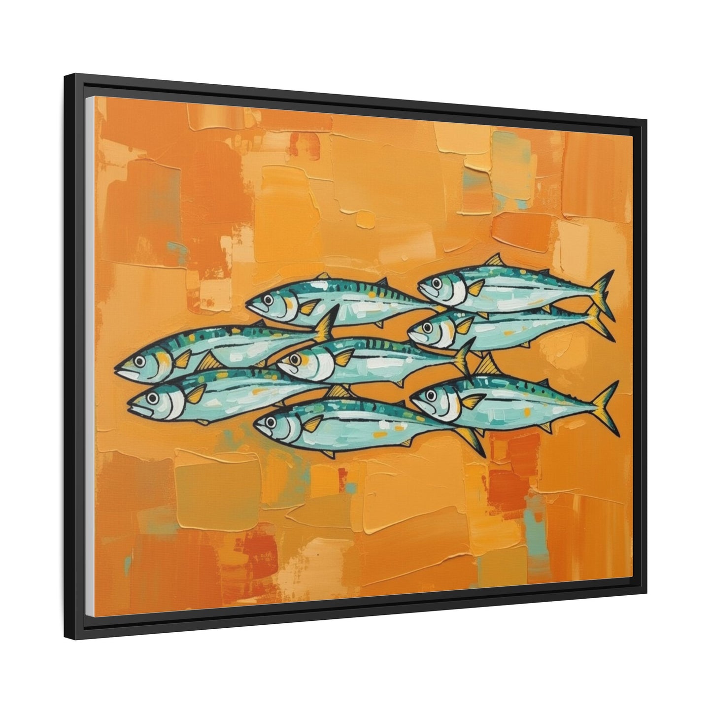 Framed Matte Canvas Print — School of Blue Fish on Orange Abstract Background