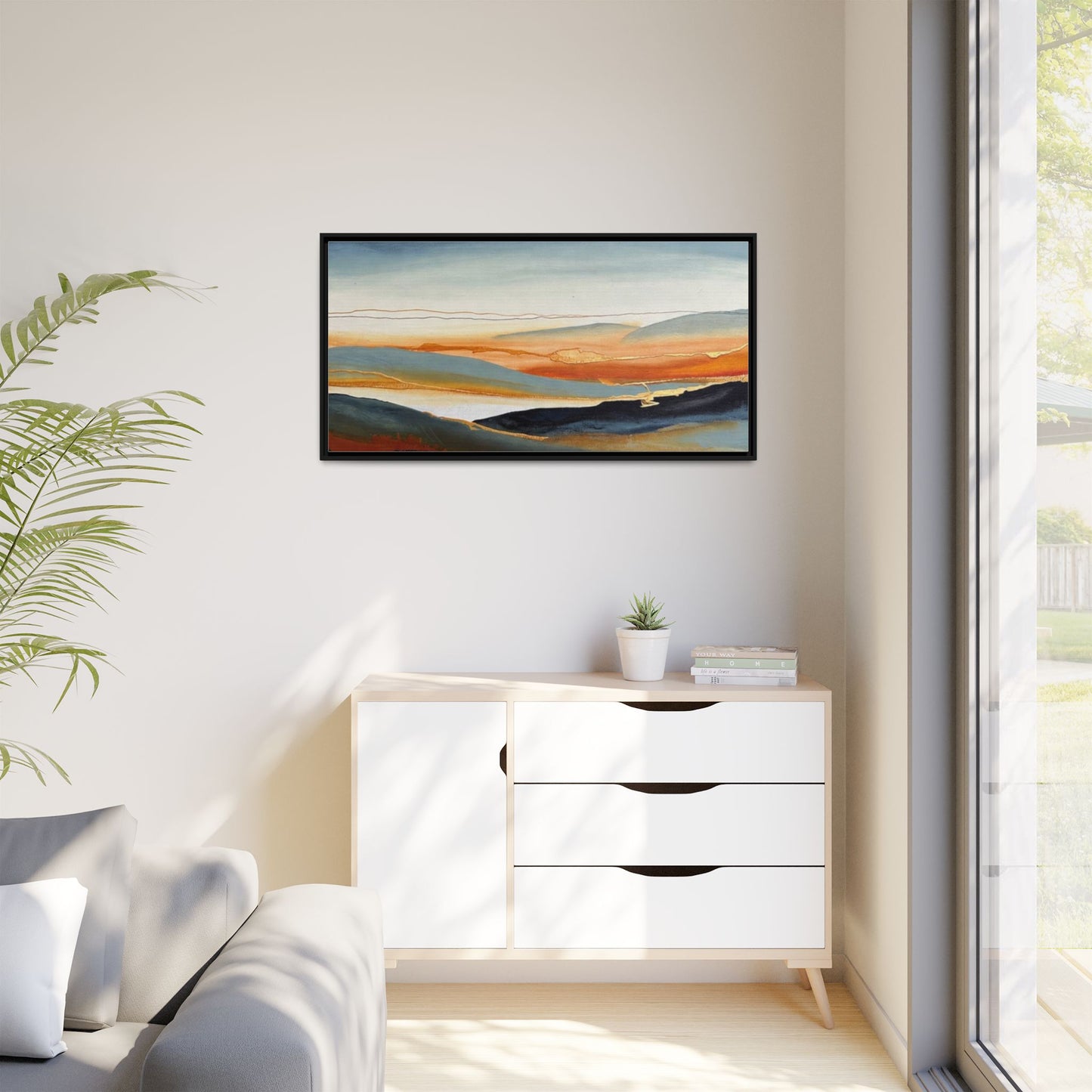 Framed Matte Canvas: Abstract Coastal Sunset Landscape Wall Art