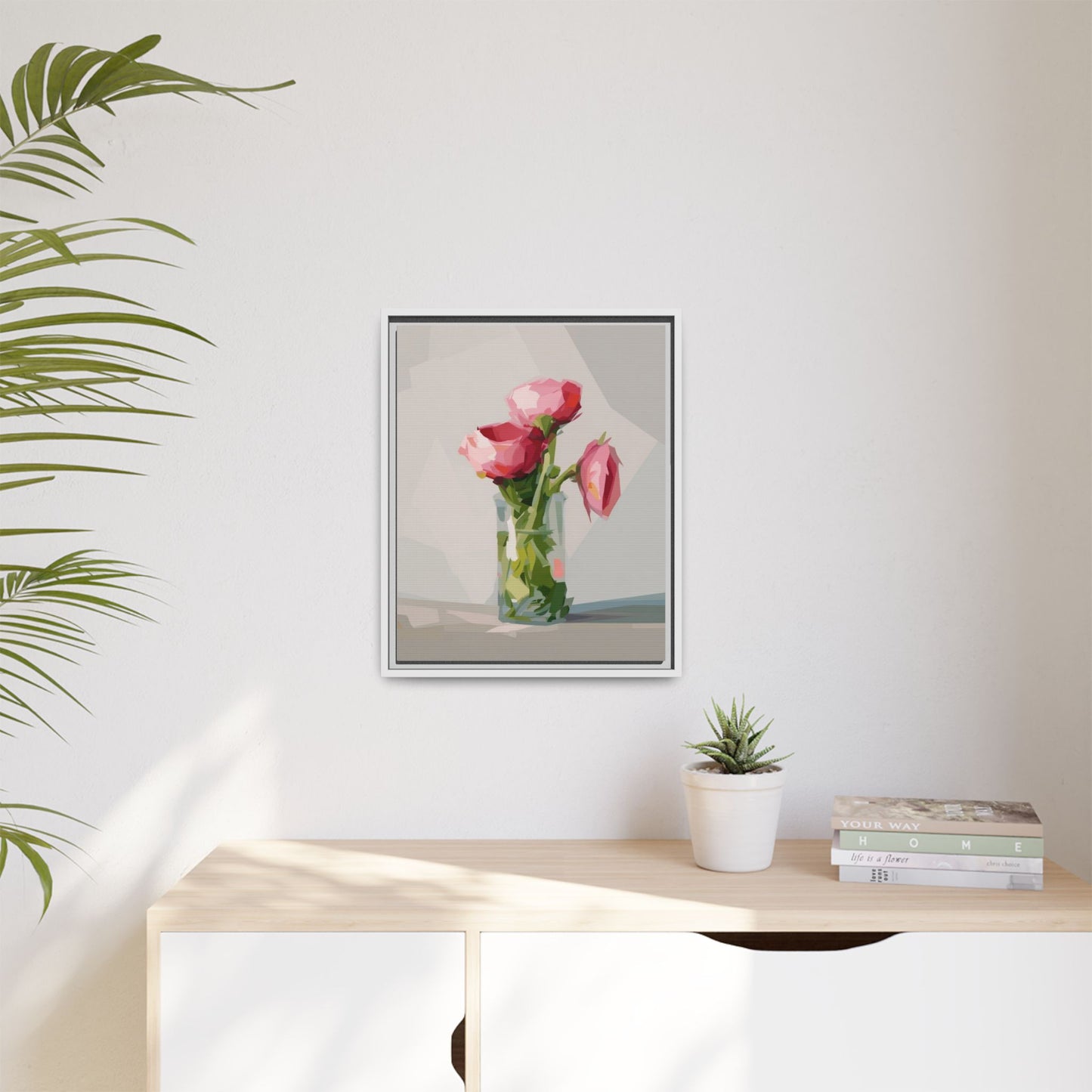 Framed Canvas Art — Pink Roses in Vase, Modern Floral Wall Print