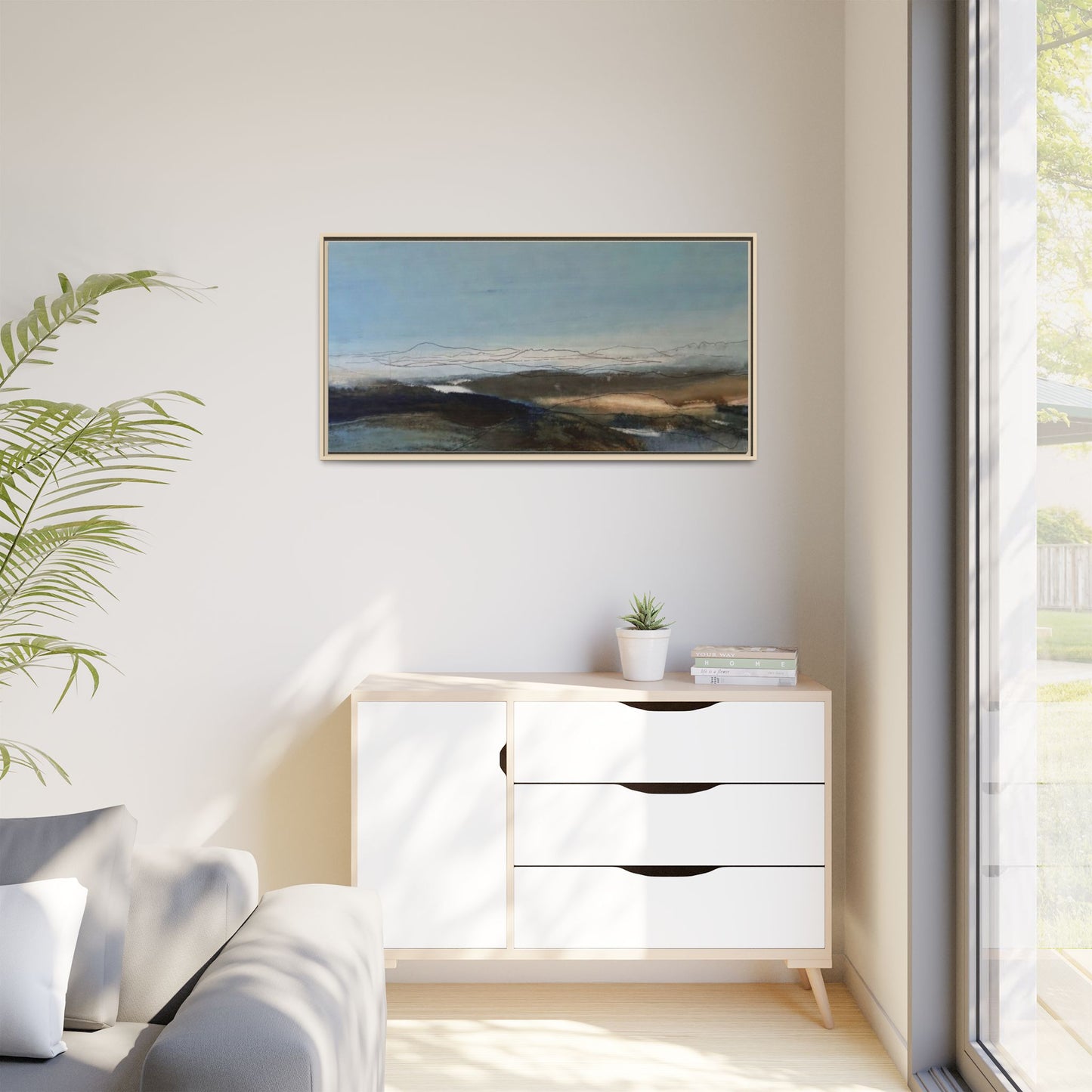 Framed Matte Canvas Wall Art — Serene Abstract Blue Landscape