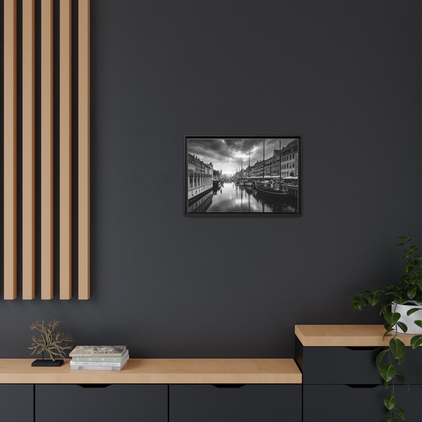 Framed Matte Canvas: Black & White Dutch Canal Photography Wall Art