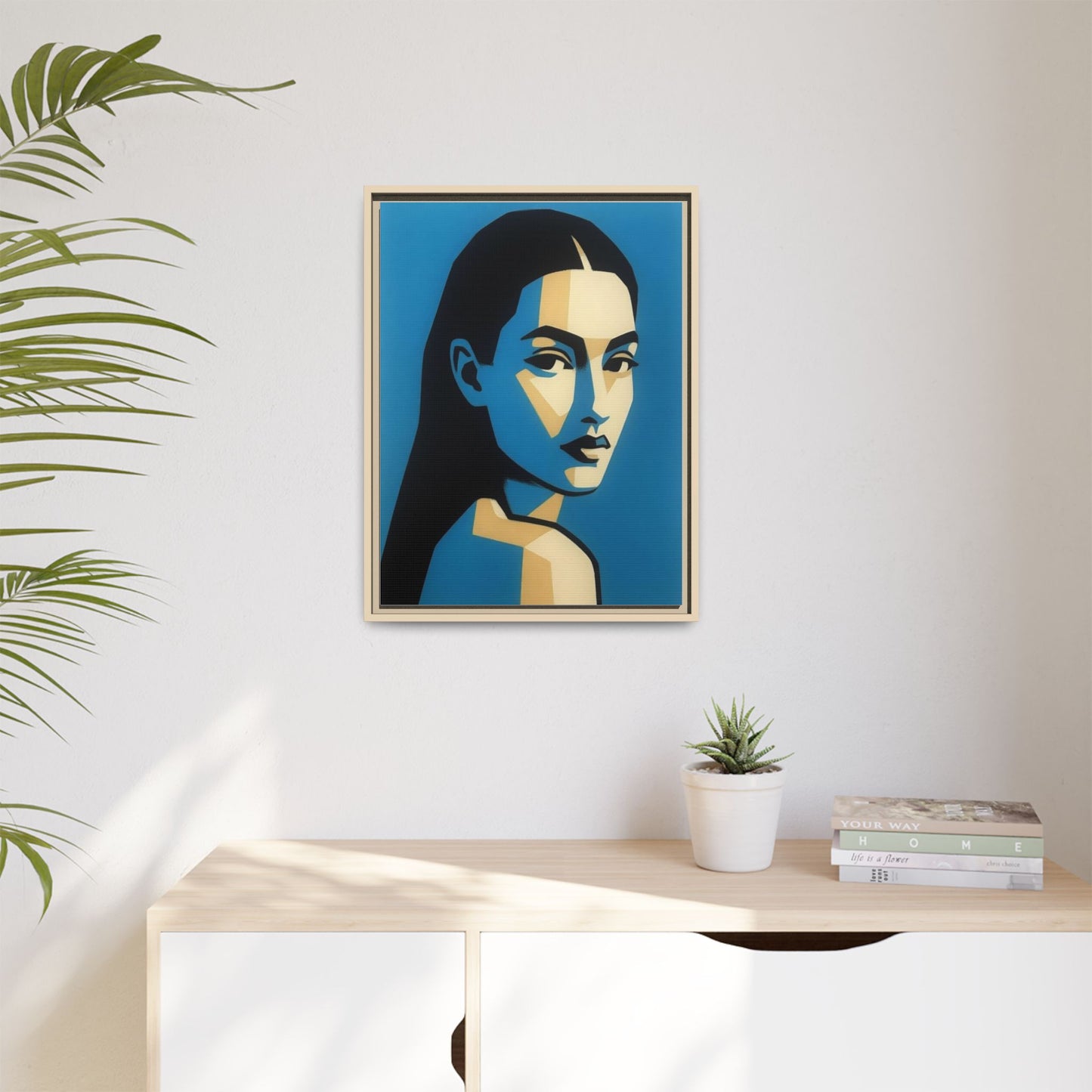 Framed Pop Art Portrait Canvas — Blue Geometric Woman Print