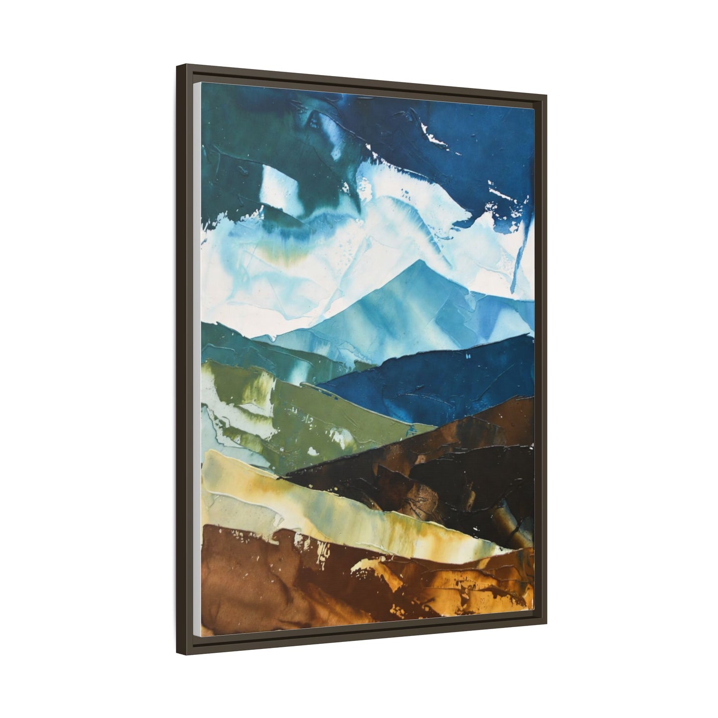 Framed Abstract Mountain Canvas Art — Blue & Earthtone Landscape Print