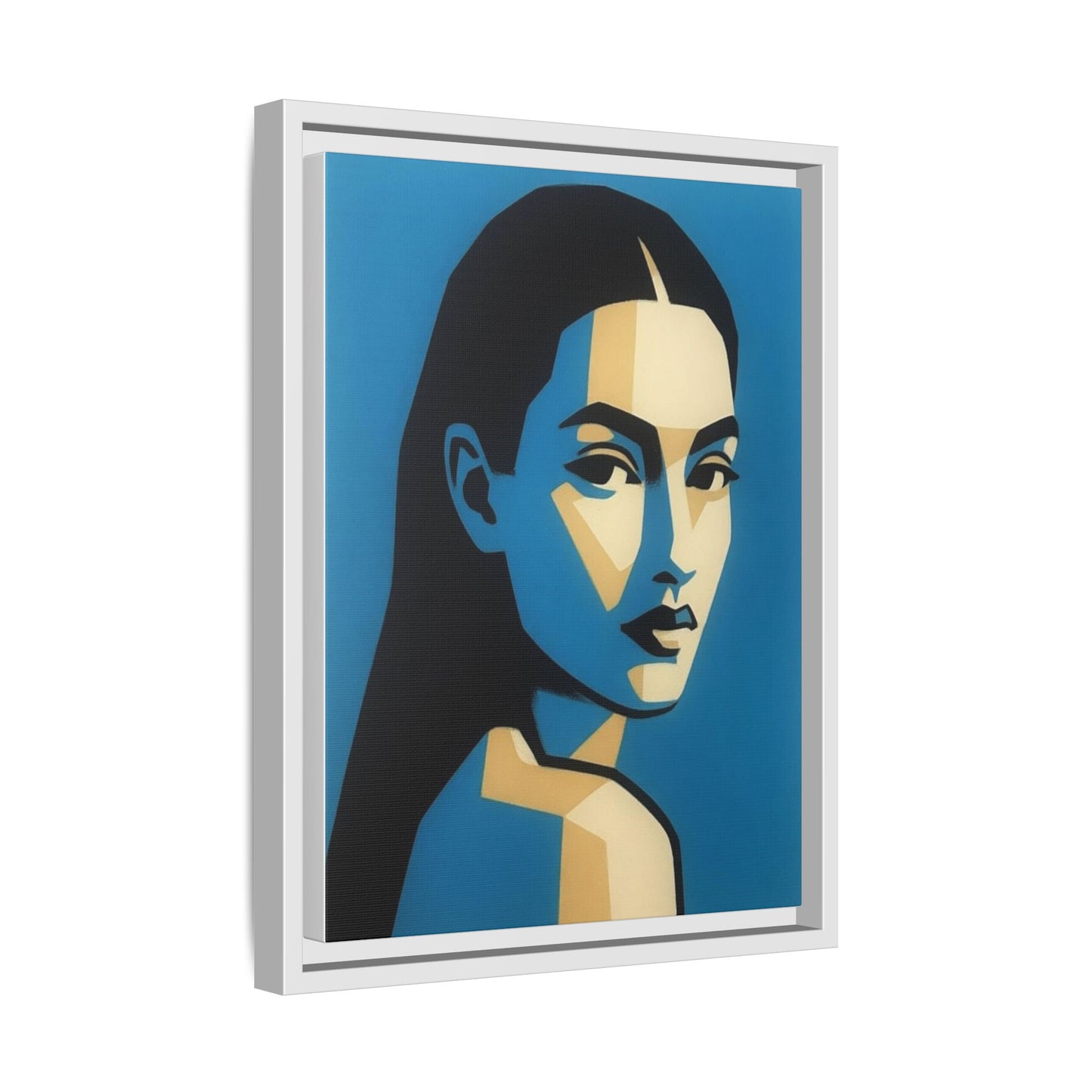 Framed Pop Art Portrait Canvas — Blue Geometric Woman Print