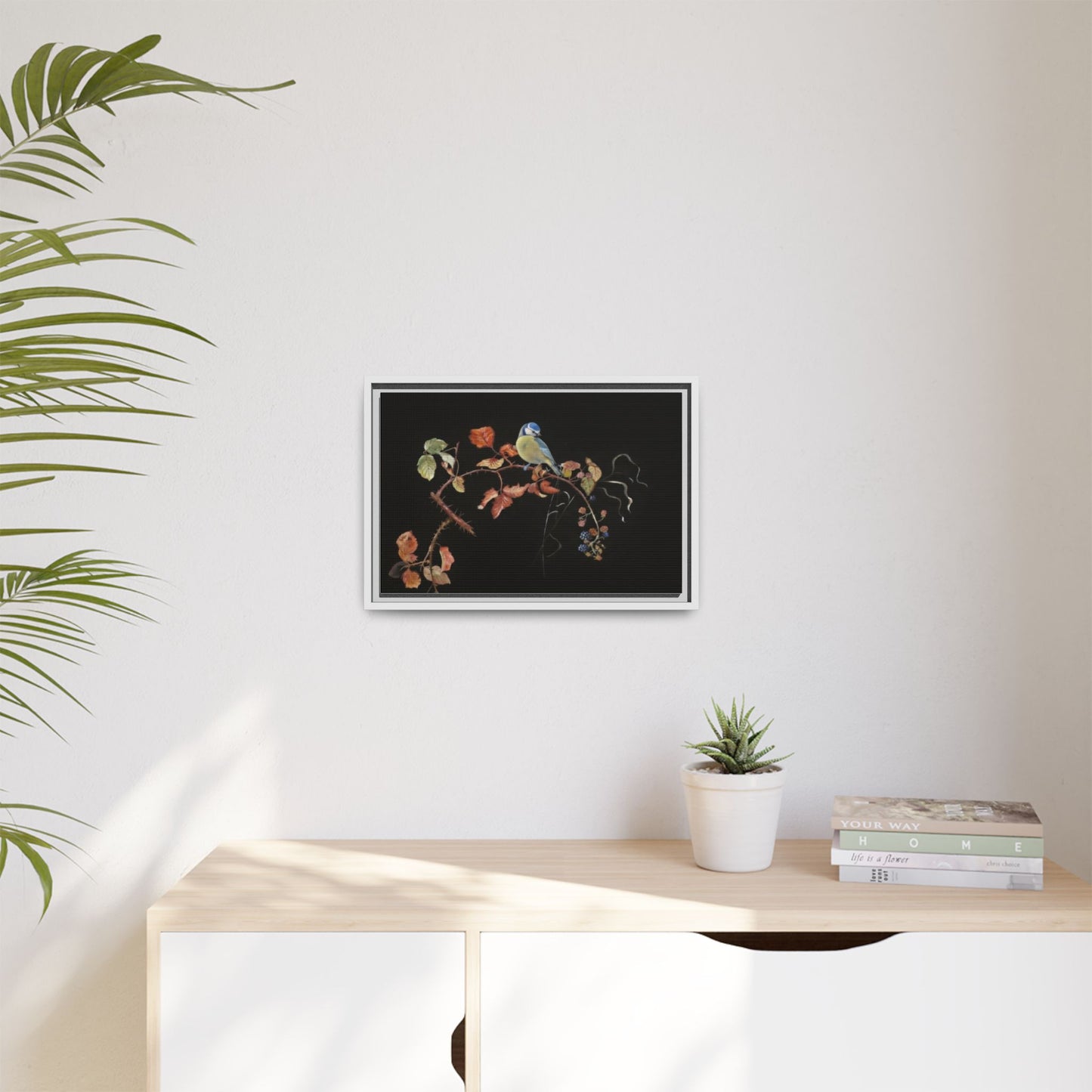 Framed Matte Canvas - Blue Tit on Autumn Branch Wall Art
