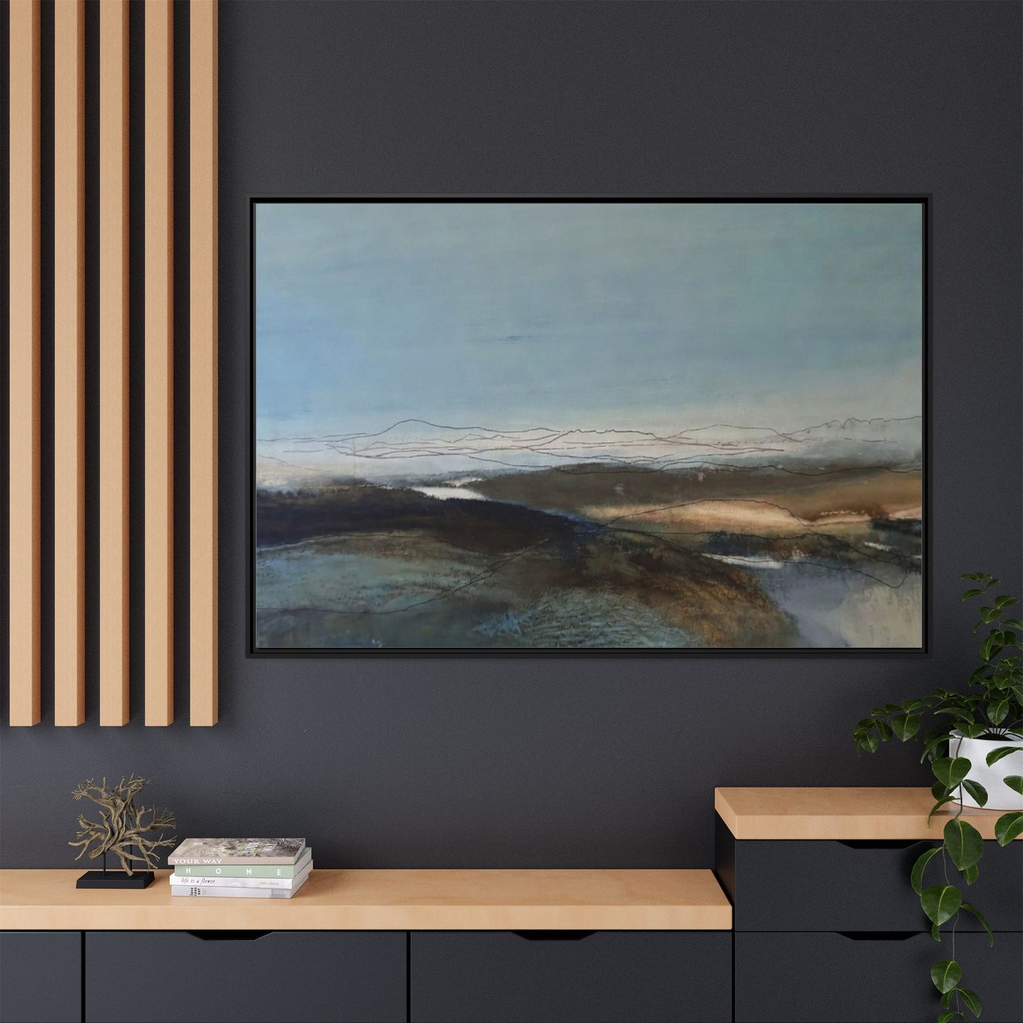 Framed Matte Canvas Wall Art — Serene Abstract Blue Landscape