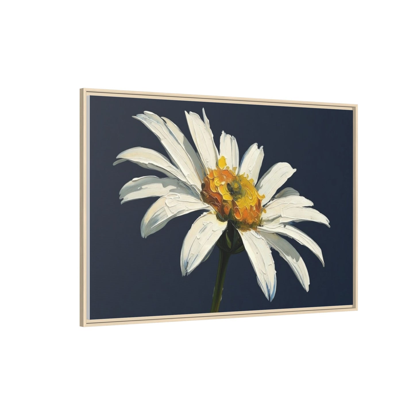 Framed Matte Canvas Daisy Wall Art — White Floral Painting on Navy