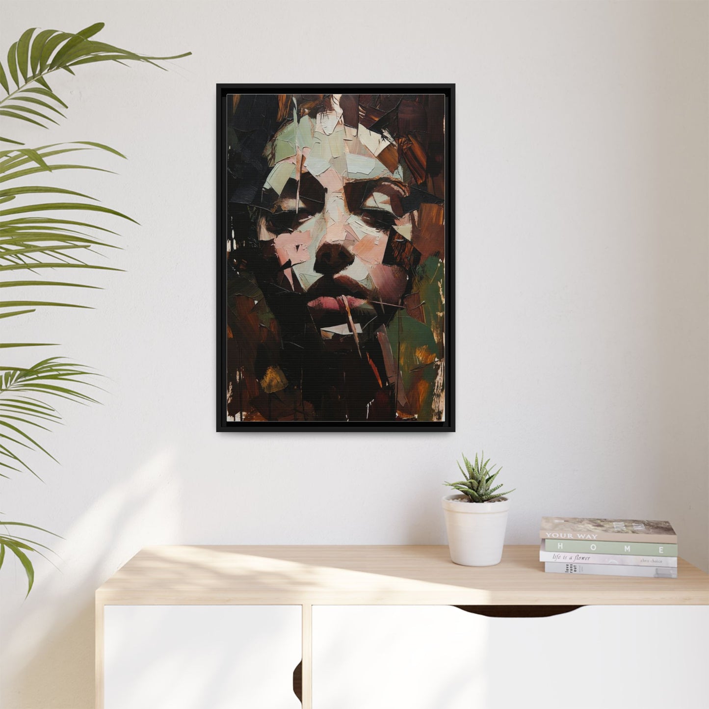 Matte Framed Canvas Art — Abstract Female Portrait, Moody Multicolor