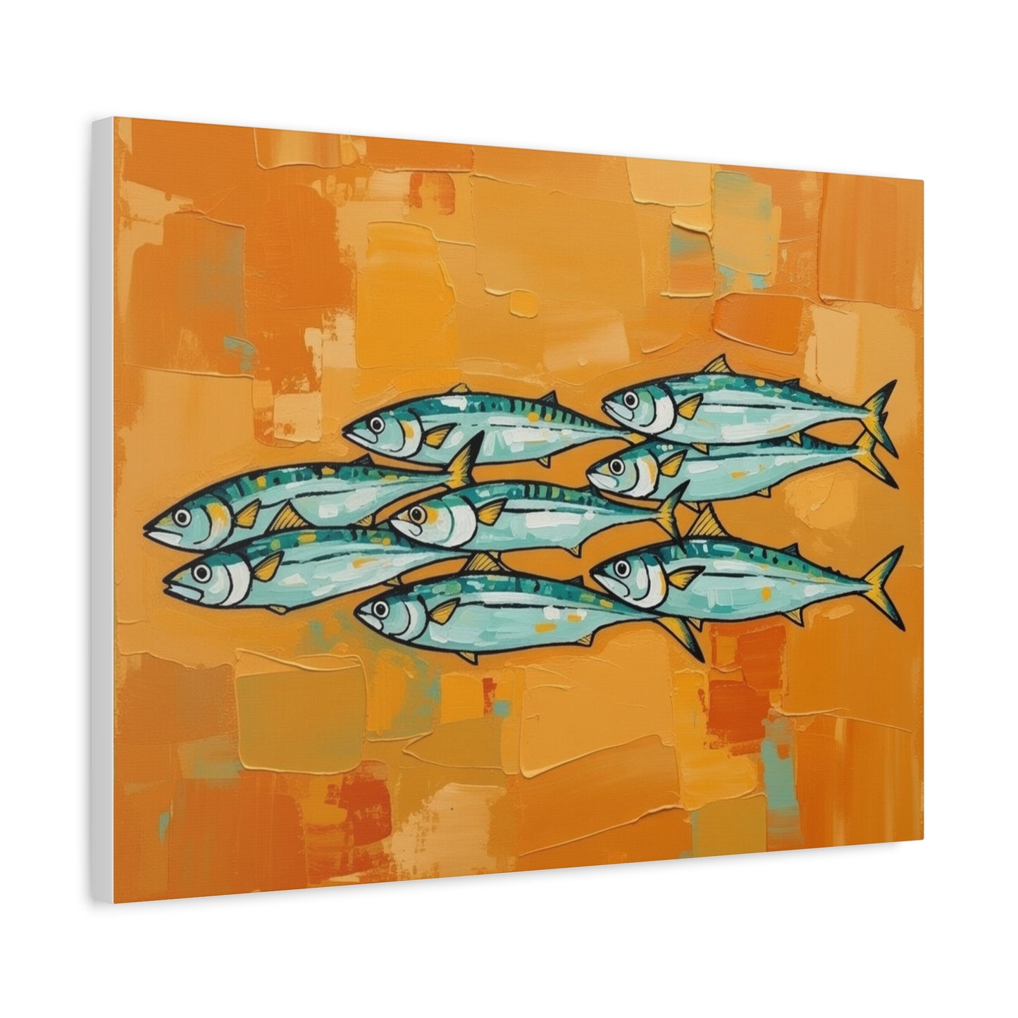 School of Mackerel Canvas Wall Art — Nautical Fish Painting on Orange Background