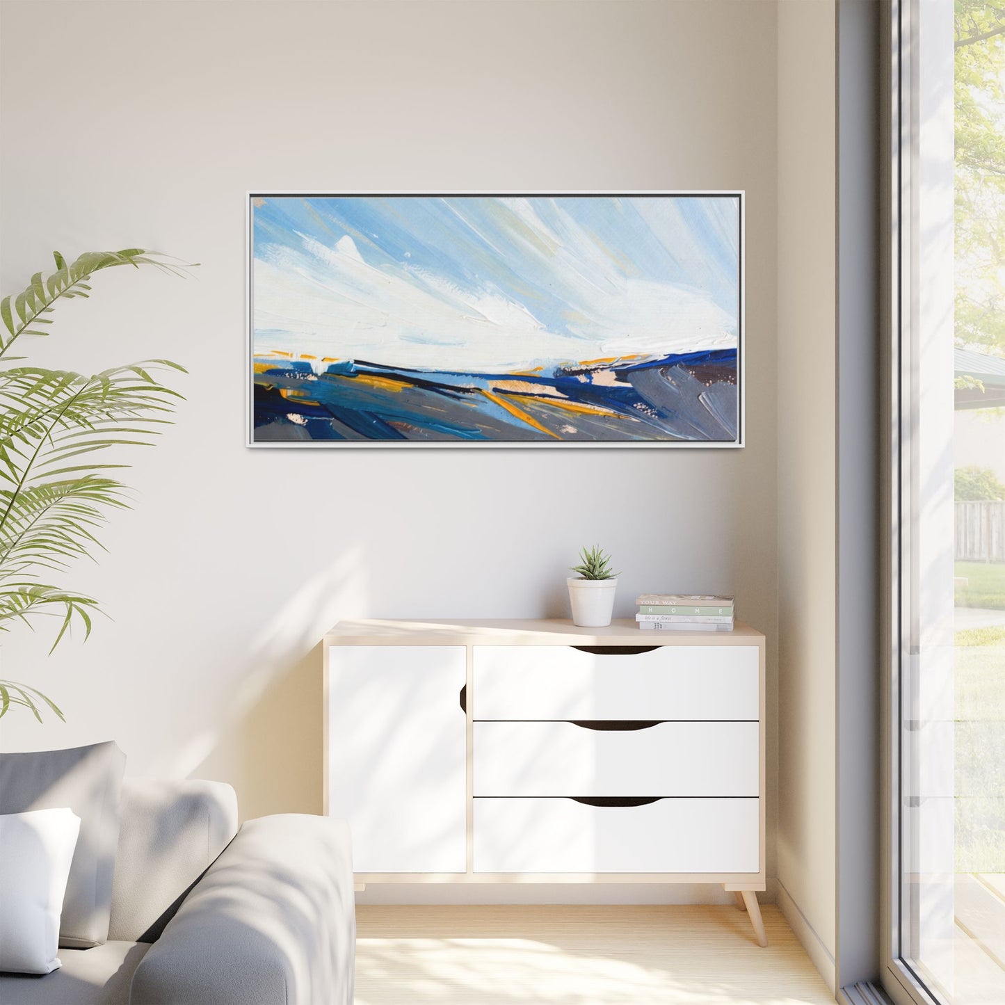 Framed Abstract Seascape Canvas Print — Matte Multi‑Color Wall Art