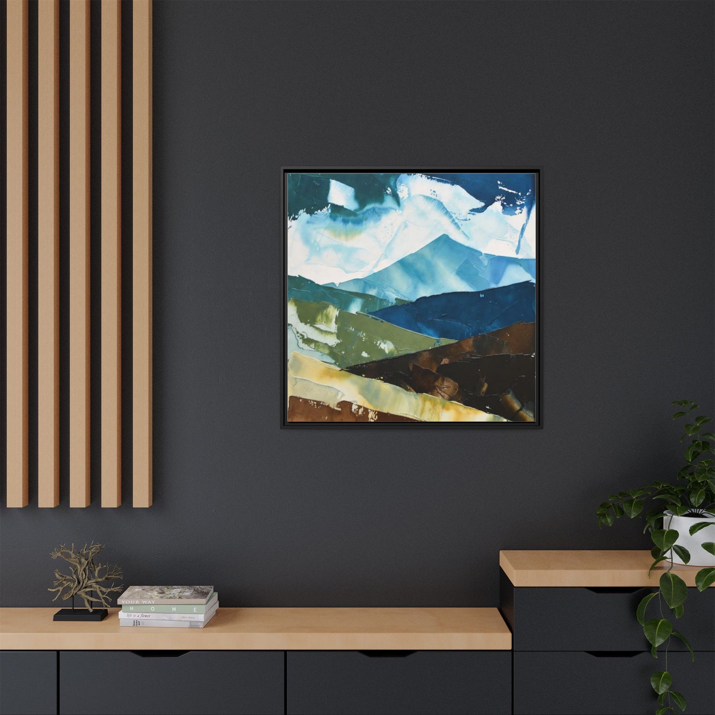 Framed Abstract Mountain Canvas Art — Blue & Earthtone Landscape Print