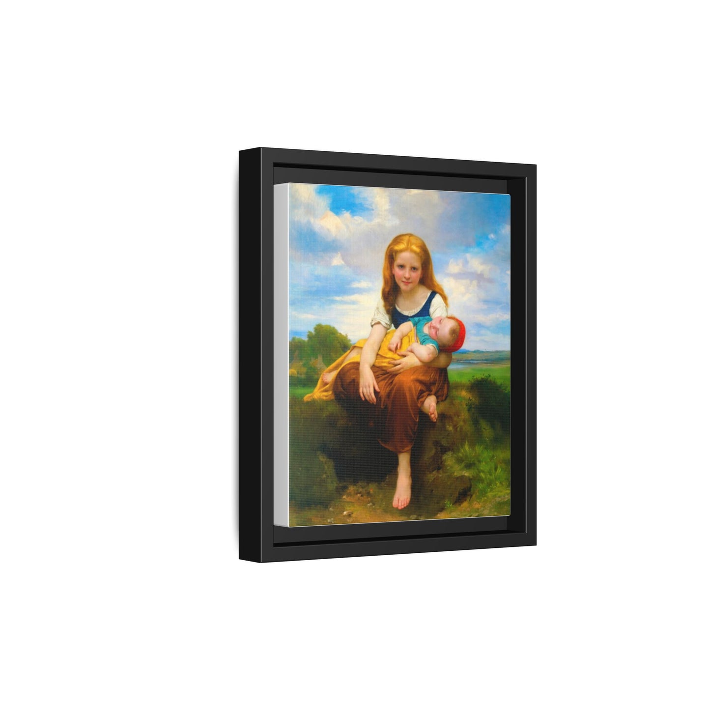 Young Girl Holding Sleeping Baby Canvas Print, Framed Wall Art