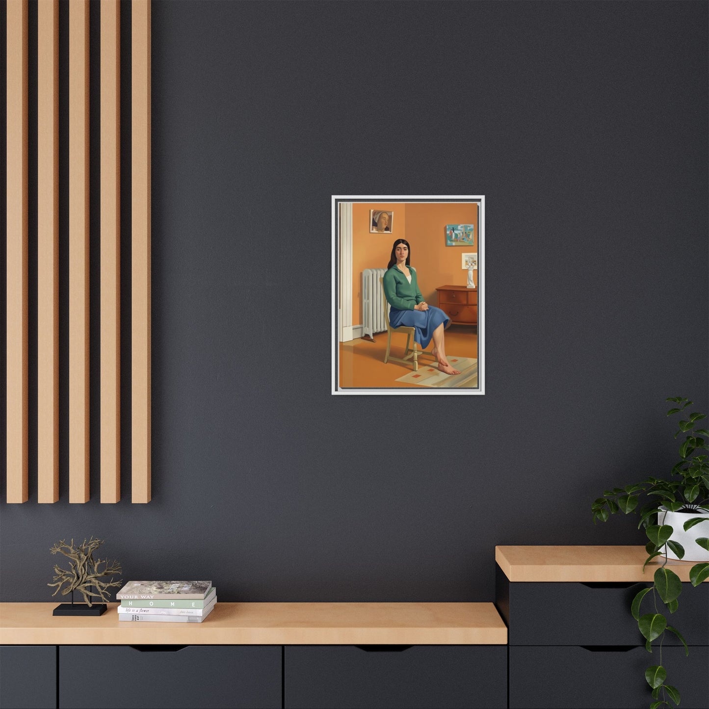 Framed Matte Canvas Print — Woman Seated in Warm Interior (Midcentury Portrait)