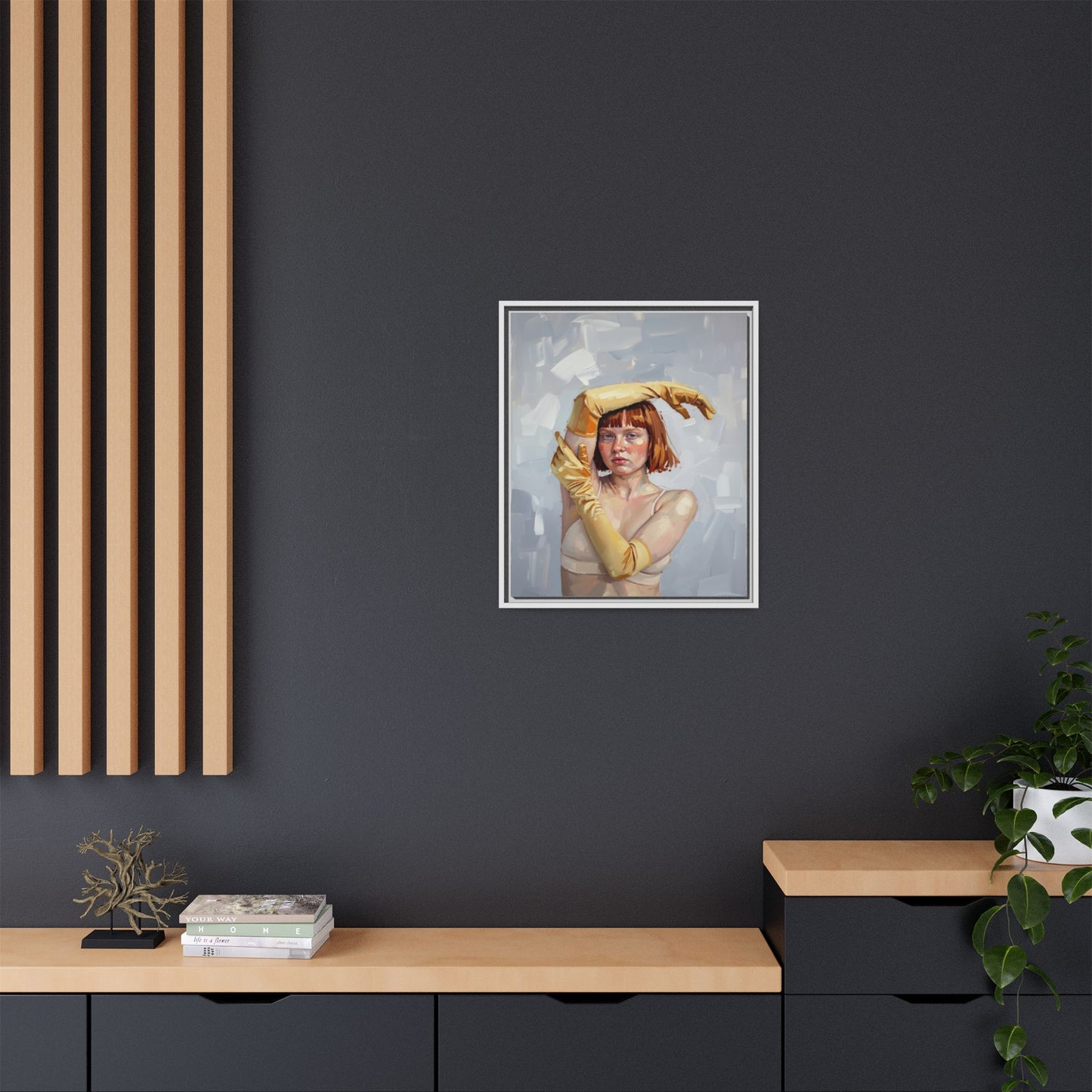 Contemporary Portrait Canvas Print — Woman with Yellow Gloves (Framed Matte)