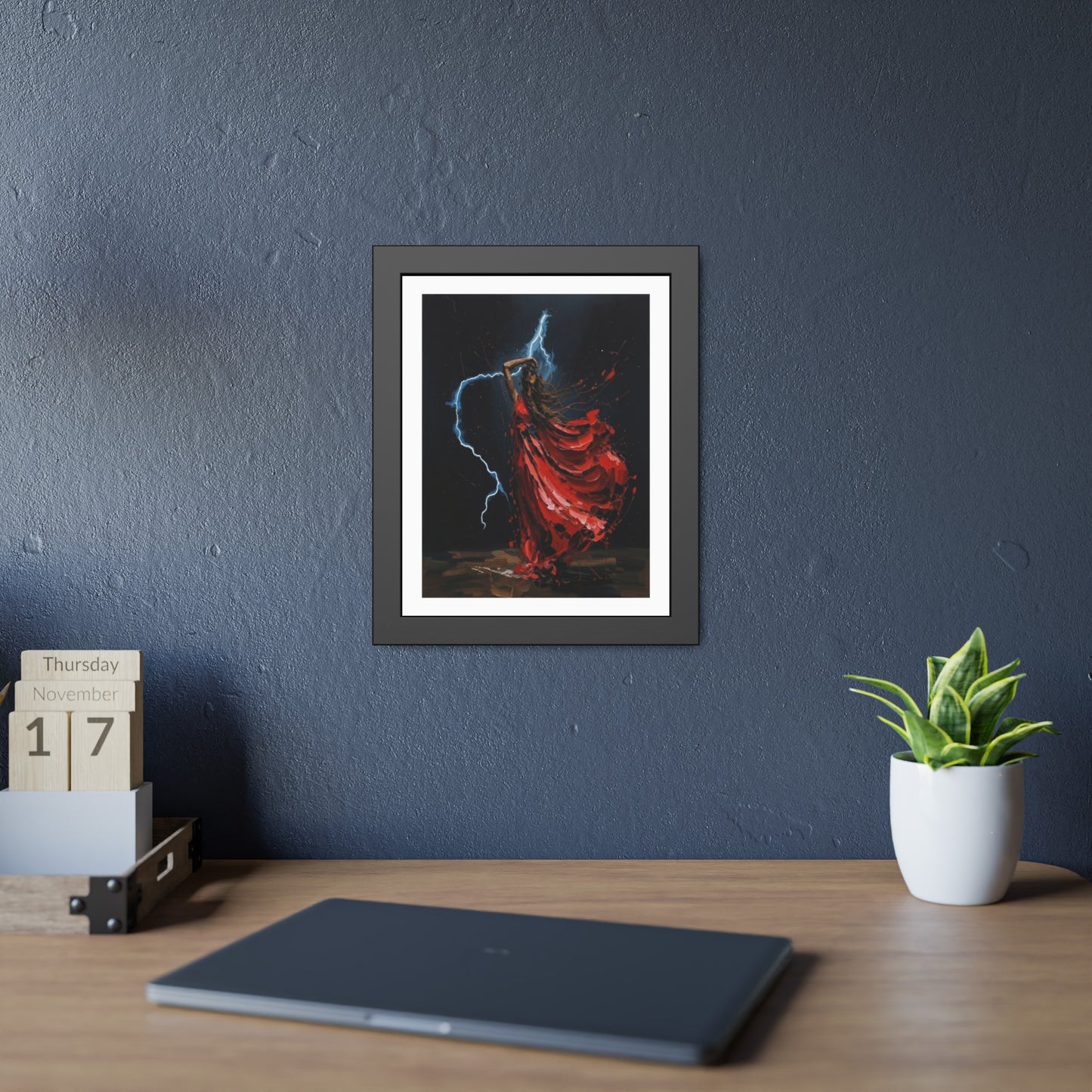 Framed Poster — Red-Dressed Dancer with Lightning Art Print