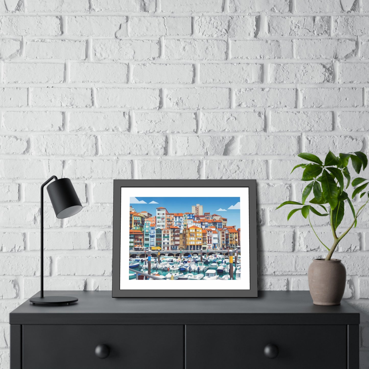 Harbor Marina Framed Poster — Colorful Coastal Cityscape Wall Art