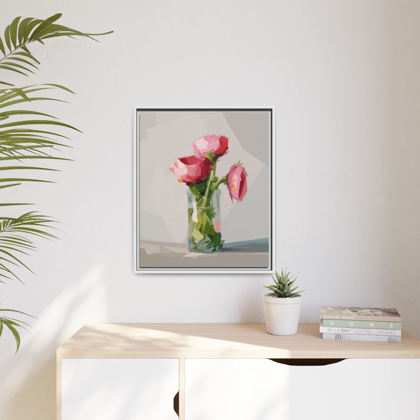 Framed Canvas Art — Pink Roses in Vase, Modern Floral Wall Print