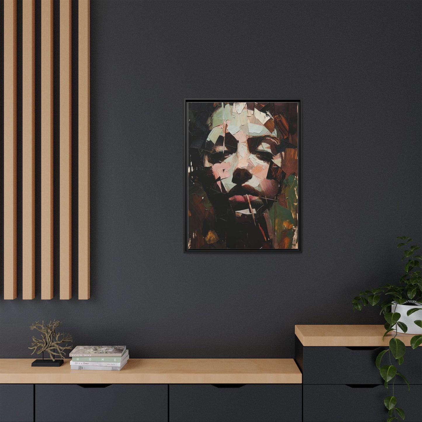 Matte Framed Canvas Art — Abstract Female Portrait, Moody Multicolor