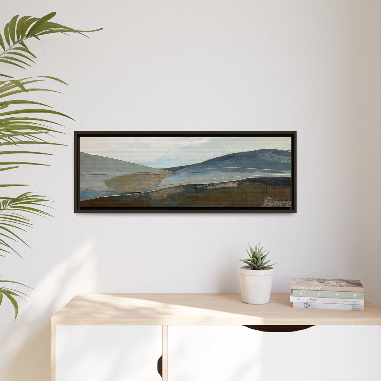 Framed Matte Canvas Landscape Art - Serene Abstract Hills in Blue & Earth Tones