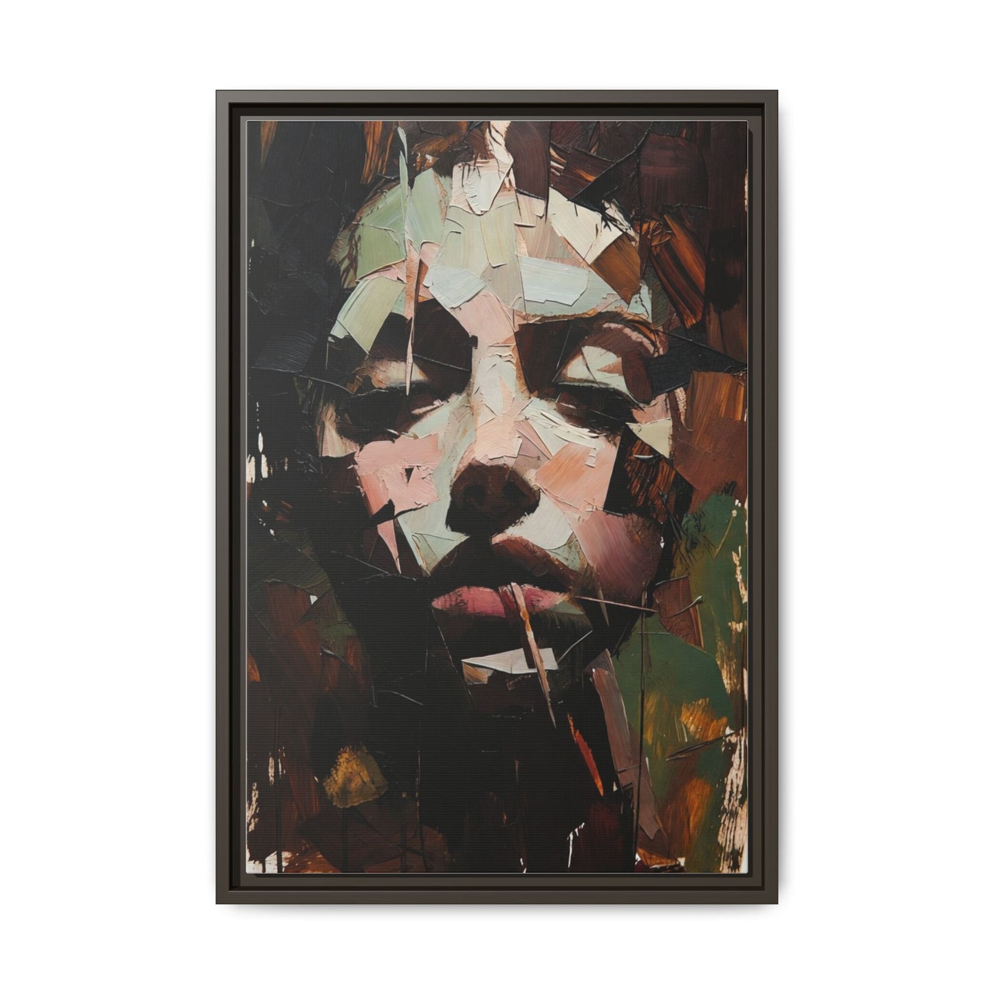 Matte Framed Canvas Art — Abstract Female Portrait, Moody Multicolor