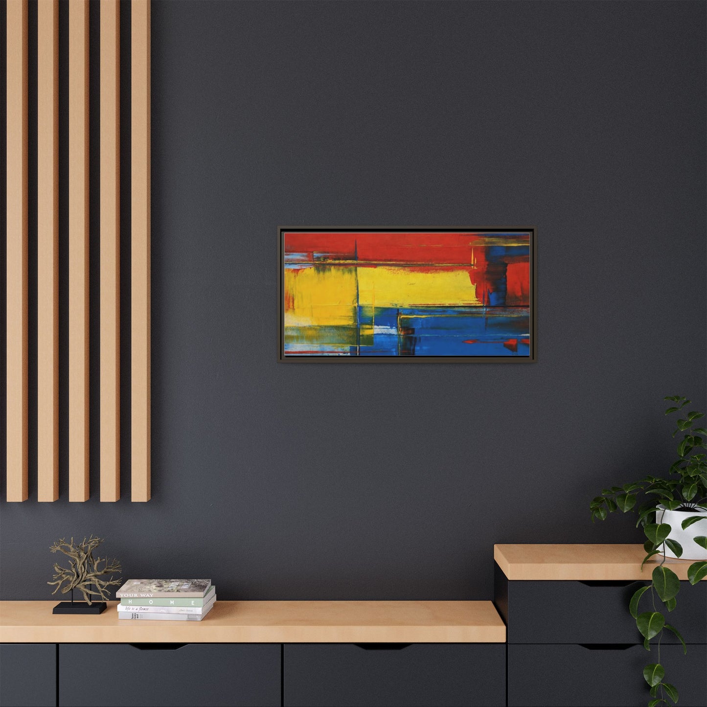 Abstract Color Block Matte Canvas Framed Wall Art — Modern Red Yellow Blue Painting