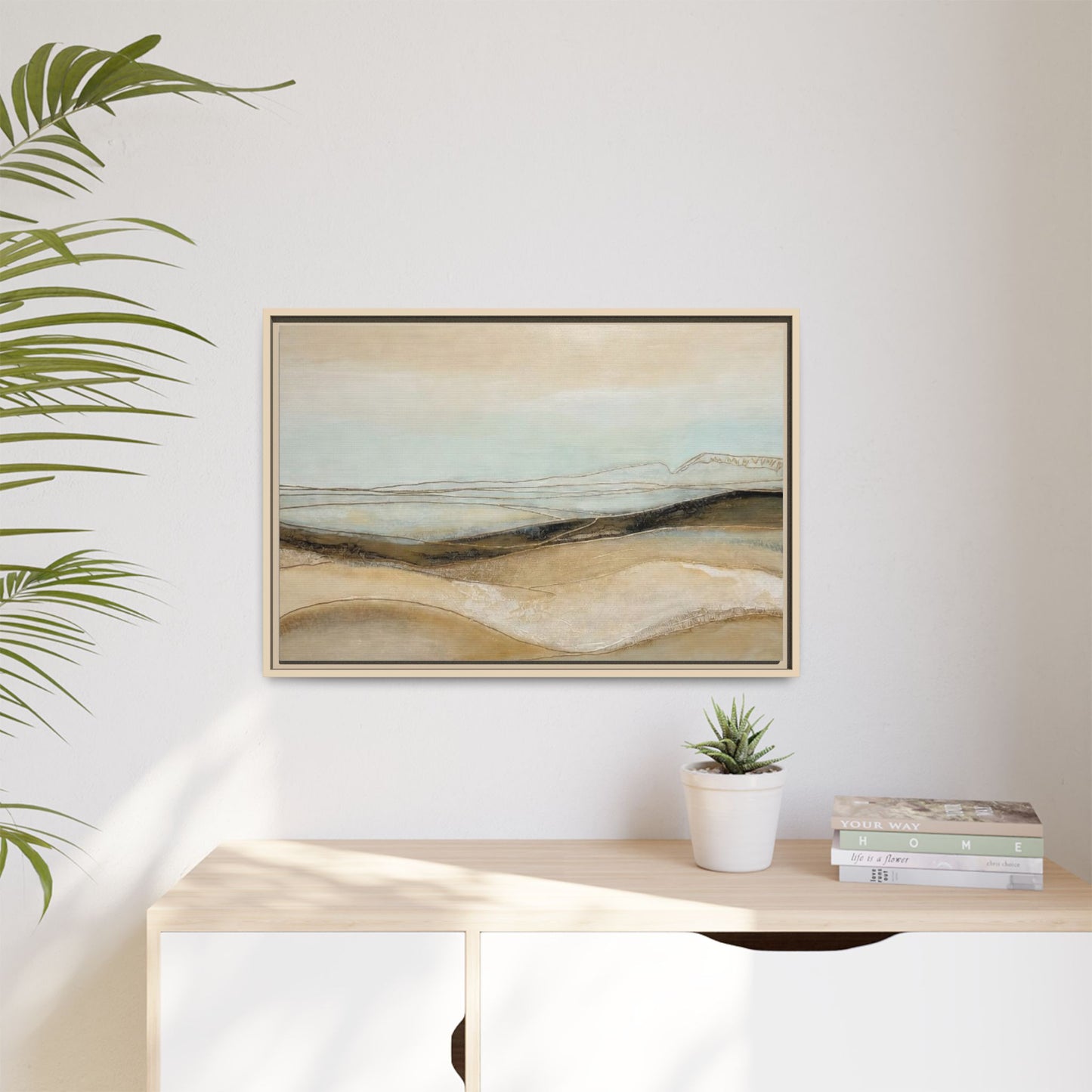 Framed Matte Canvas Wall Art — Neutral Abstract Landscape in Soft Blues & Earth Tones