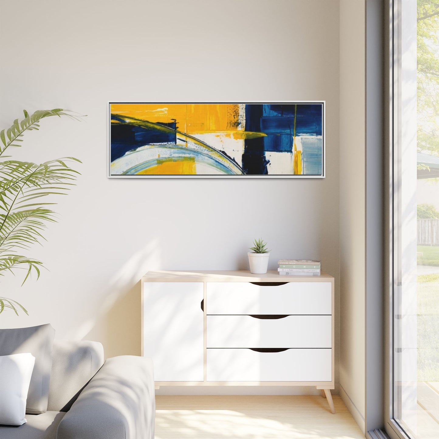 Abstract Yellow & Blue Framed Canvas Wall Art — Modern Matte Canvas Print