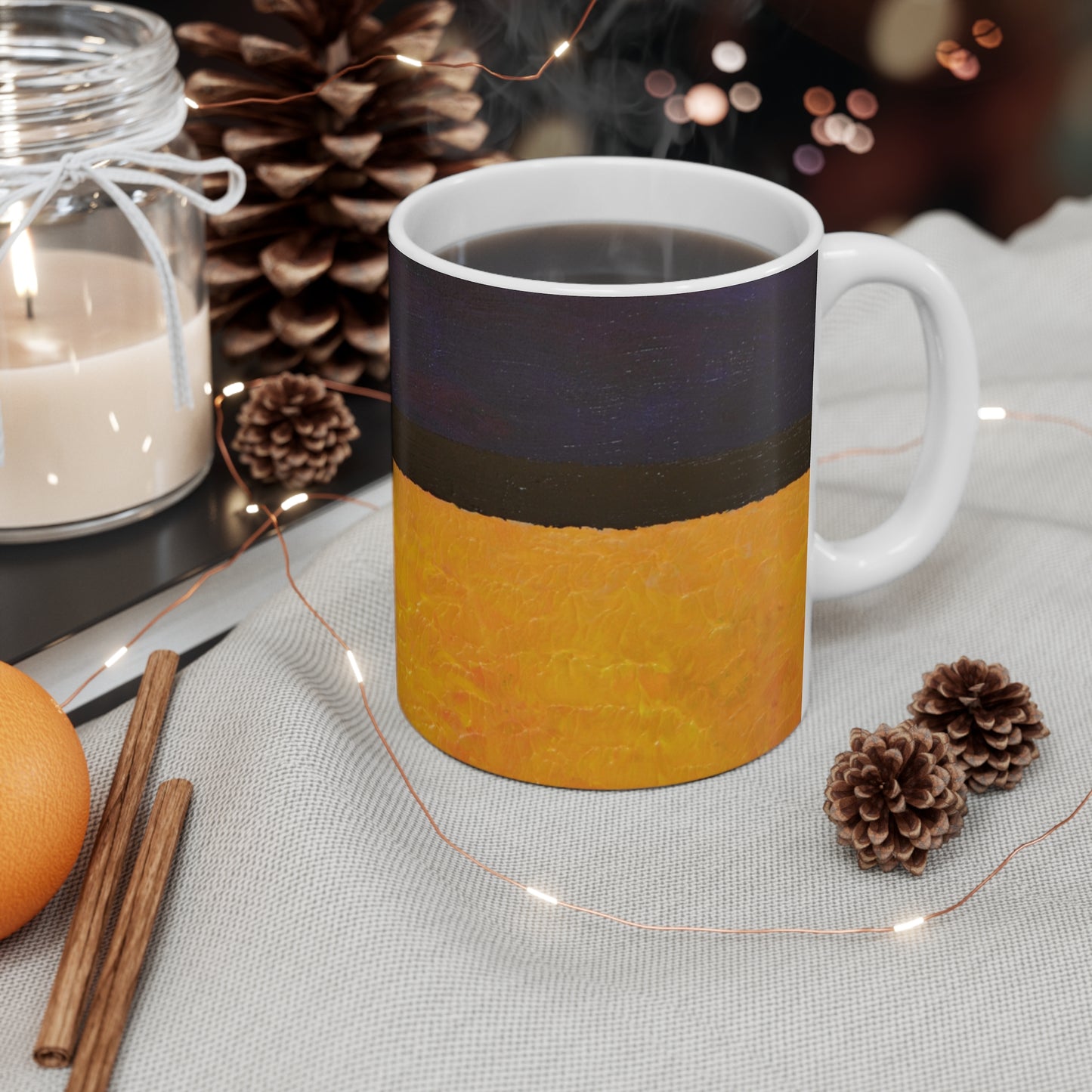 Abstract Sunset Stripe Mug — Minimalist Orange & Navy Ceramic Coffee Cup