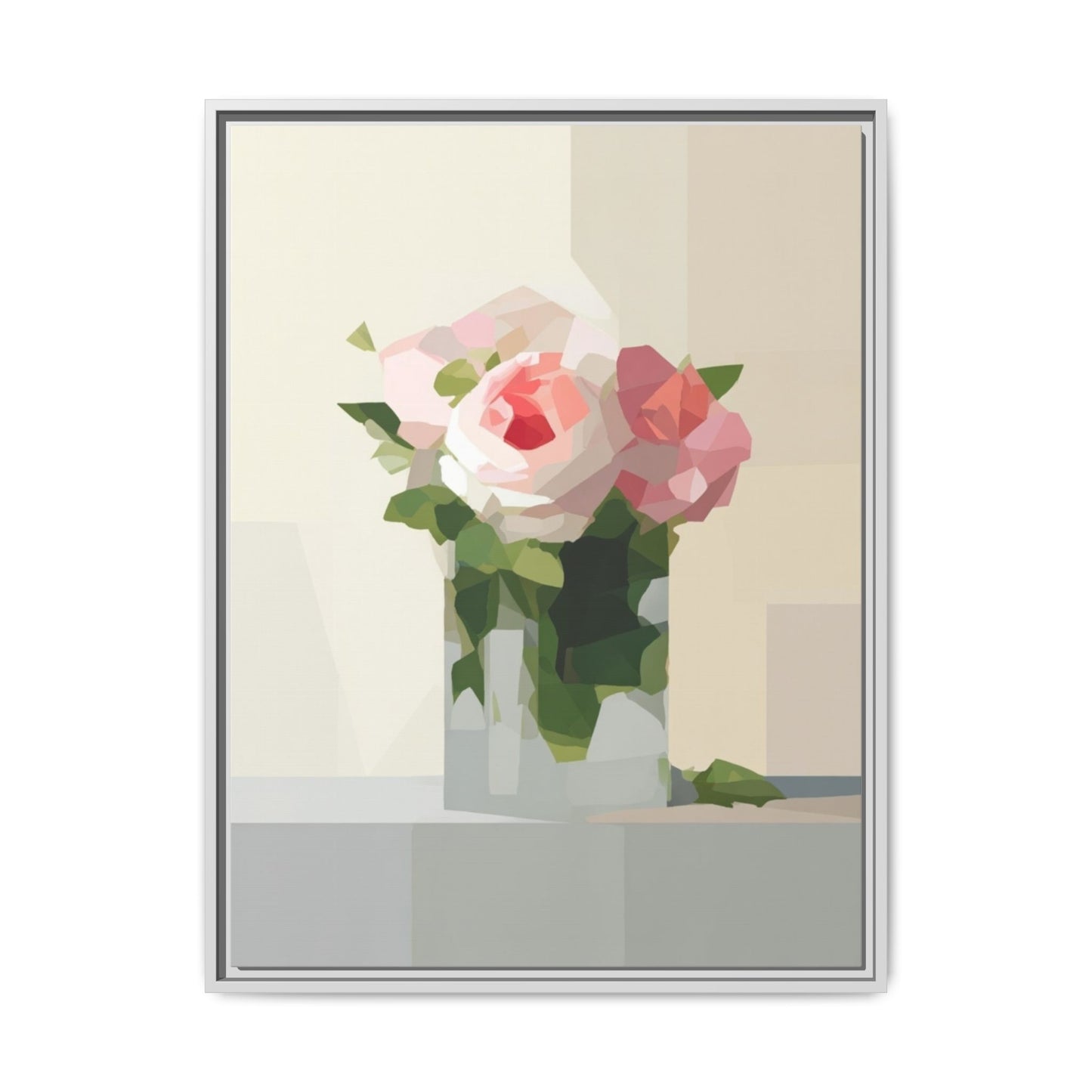Framed Floral Canvas Print — Geometric Pink Rose Wall Art
