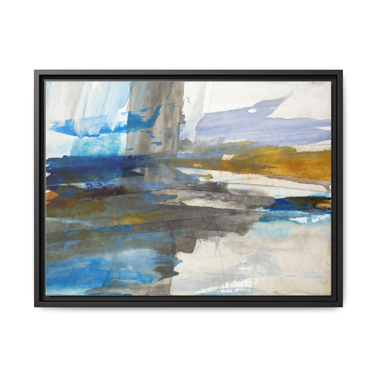 Abstract Blue & Gold Framed Canvas Art — Matte Multi-Color Wall Print