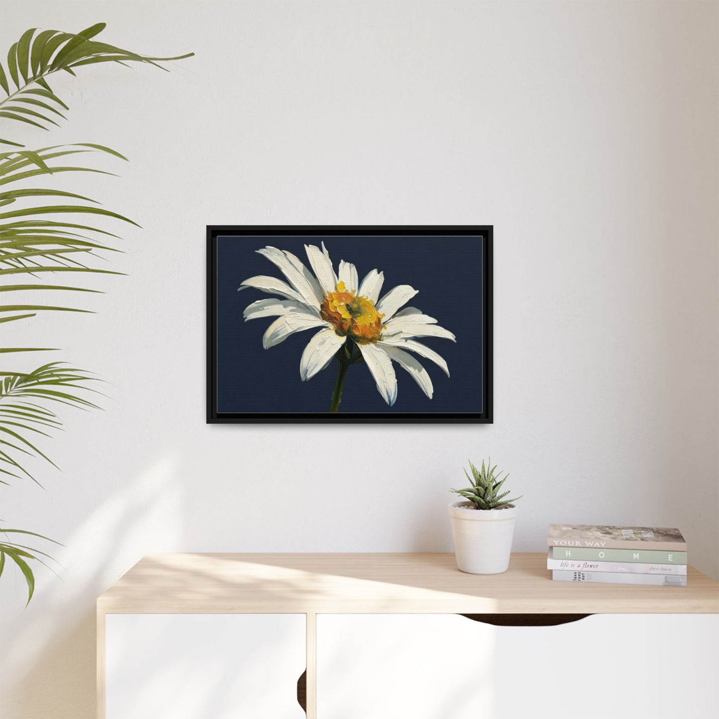 Framed Matte Canvas Daisy Wall Art — White Floral Painting on Navy