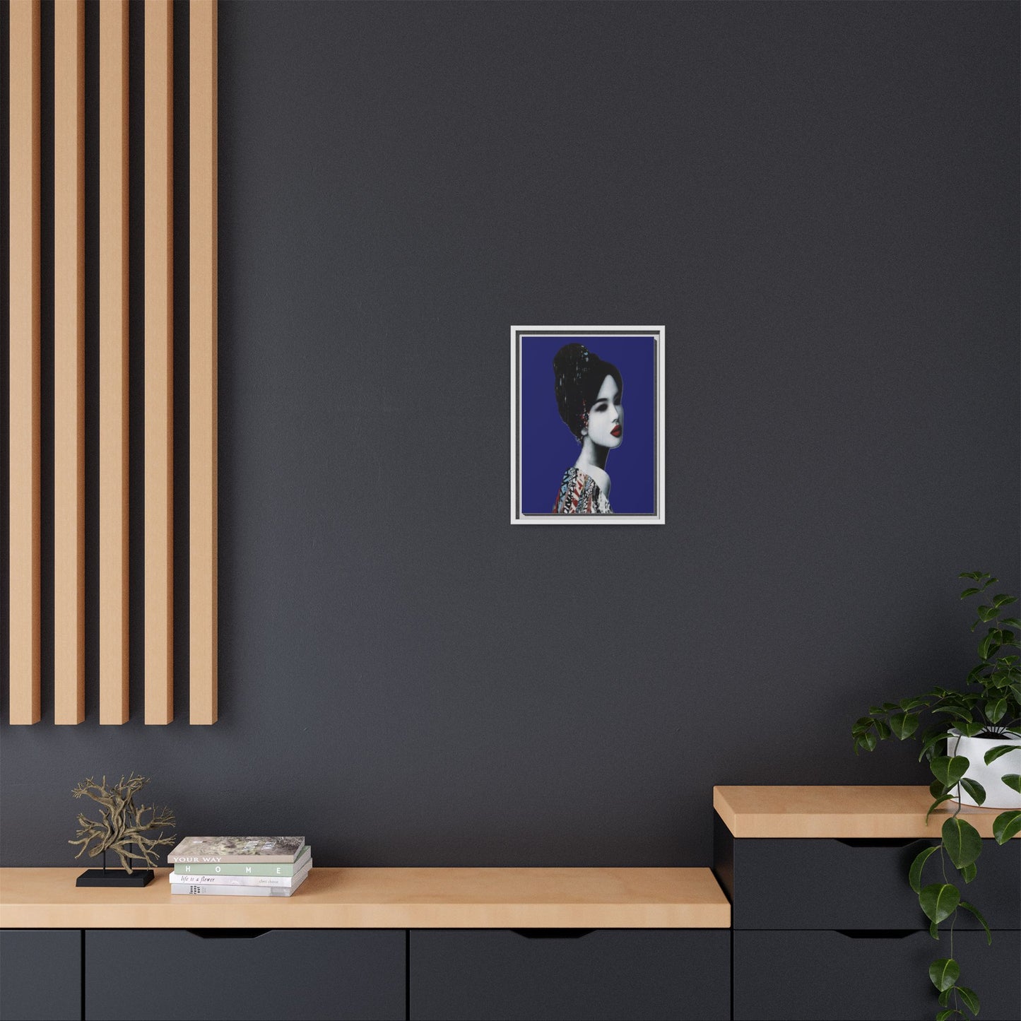 Framed Matte Canvas Art — Elegant Geisha Portrait on Deep Blue
