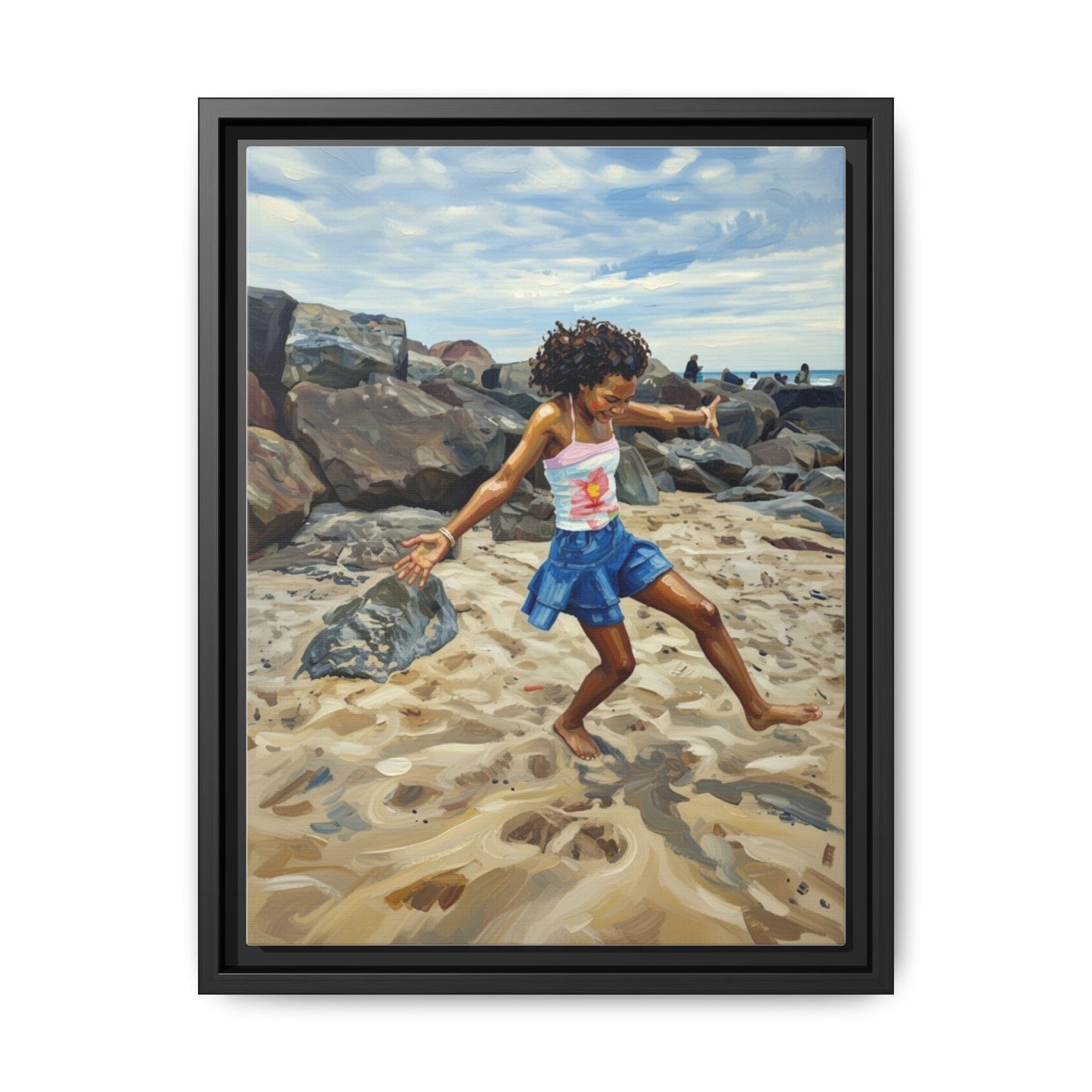 Framed Canvas Art - Girl Dancing on the Beach (Matte Multi-Color)