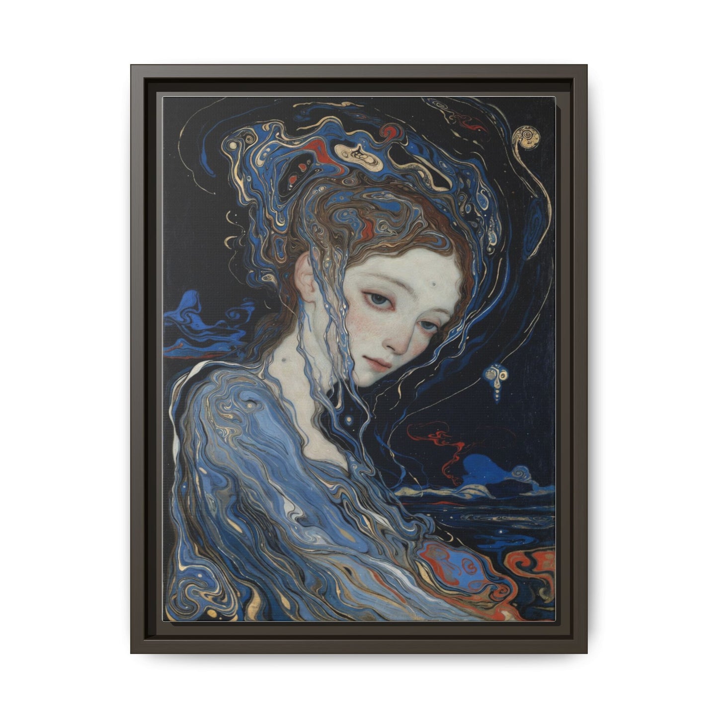 Framed Matte Canvas Art Print — Surreal Blue Maiden Portrait