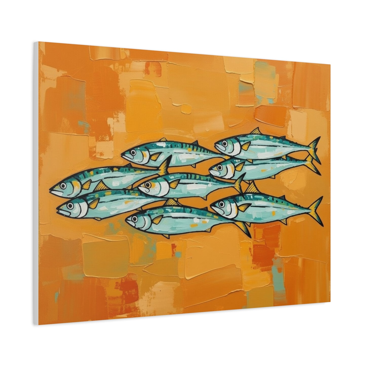 School of Mackerel Canvas Wall Art — Nautical Fish Painting on Orange Background