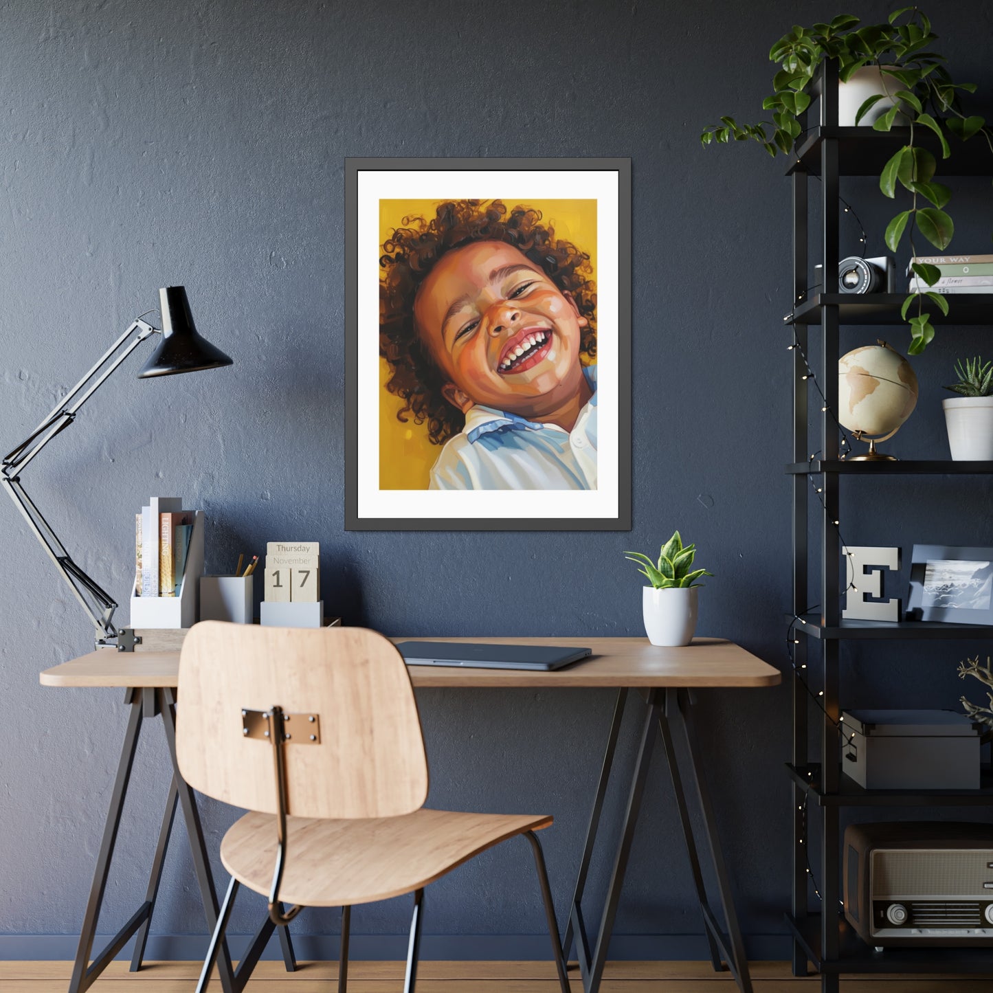 Framed Poster — Joyful Laughing Child Portrait, Colorful Nursery Wall Art