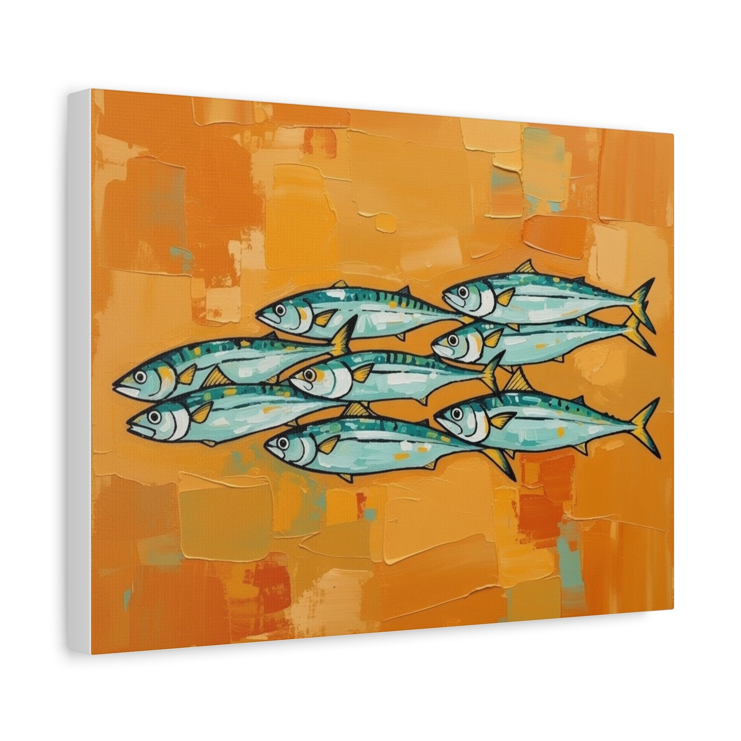 School of Mackerel Canvas Wall Art — Nautical Fish Painting on Orange Background