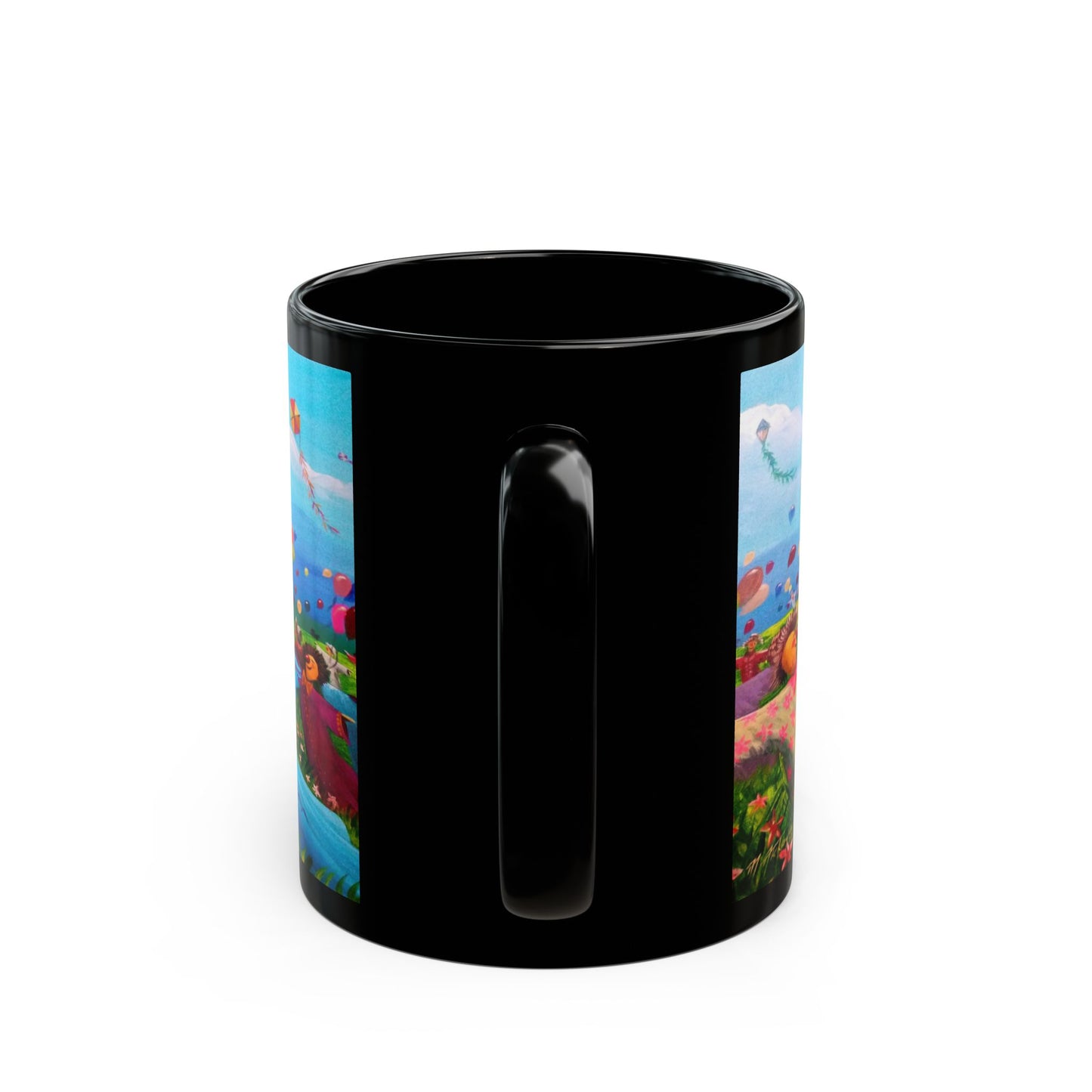 Black Ceramic Mug — Whimsical Kite Festival Art (11oz & 15oz)