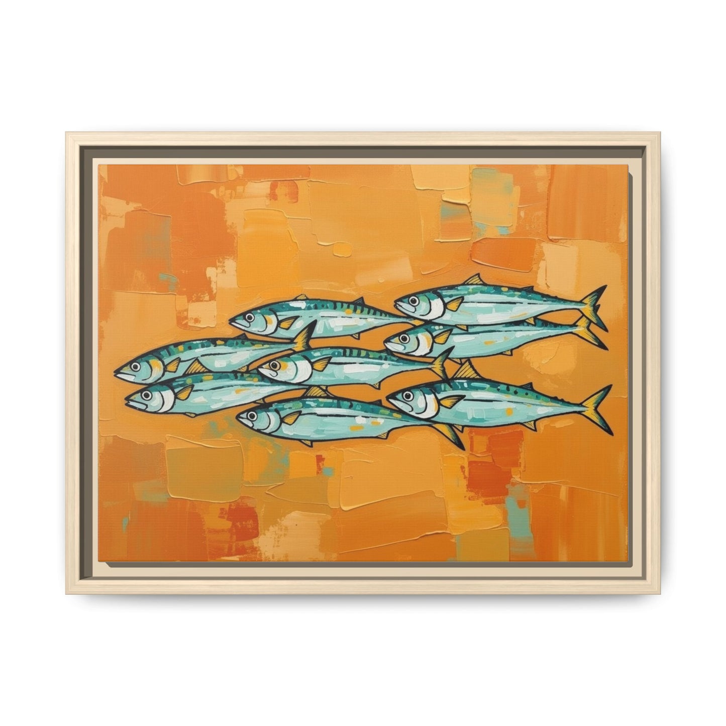 Framed Matte Canvas Print — School of Blue Fish on Orange Abstract Background