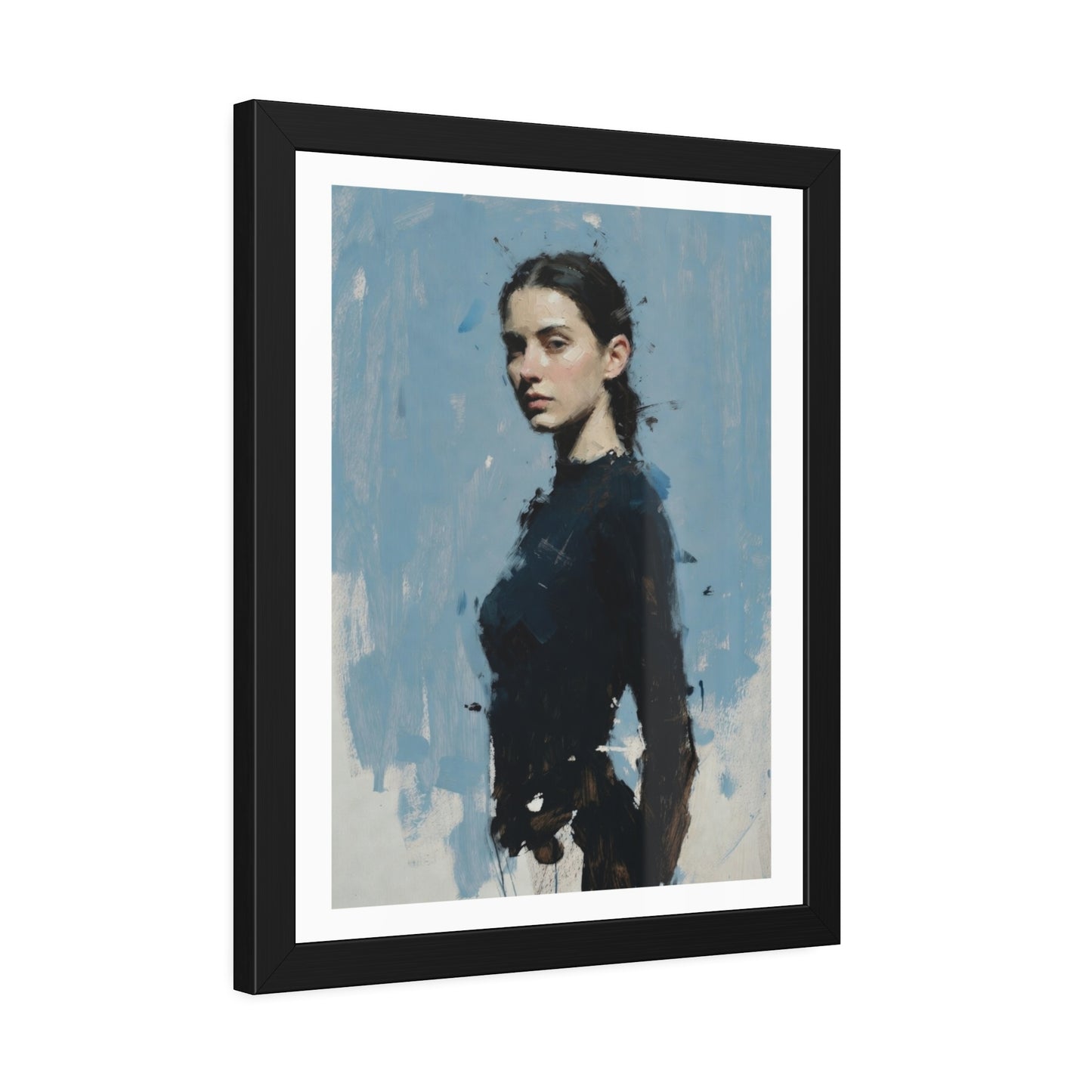 Framed Art Print — Moody Portrait with Blue Painterly Background