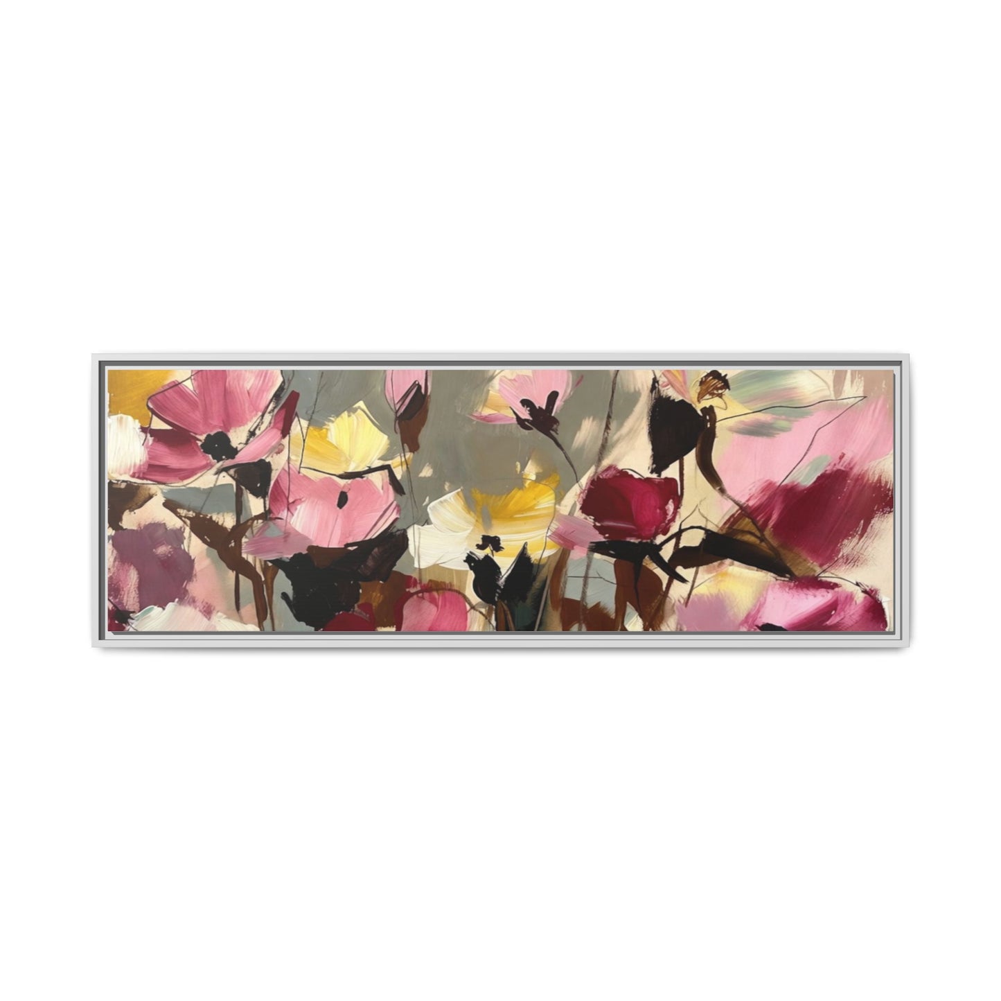 Framed Floral Canvas Wall Art — Abstract Pink & Yellow Flowers