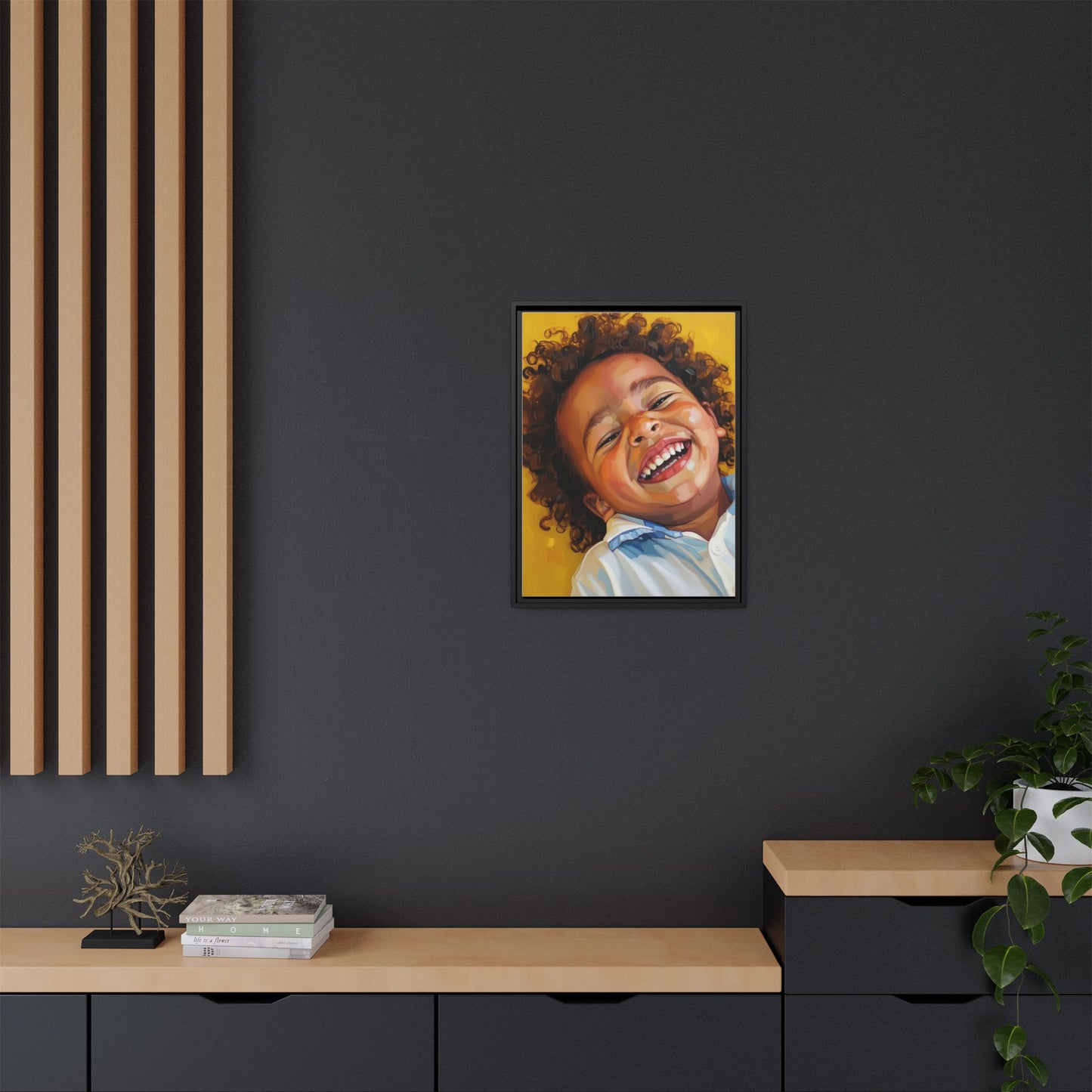 Framed Matte Canvas Print – Joyful Child Portrait, Colorful Nursery Wall Art