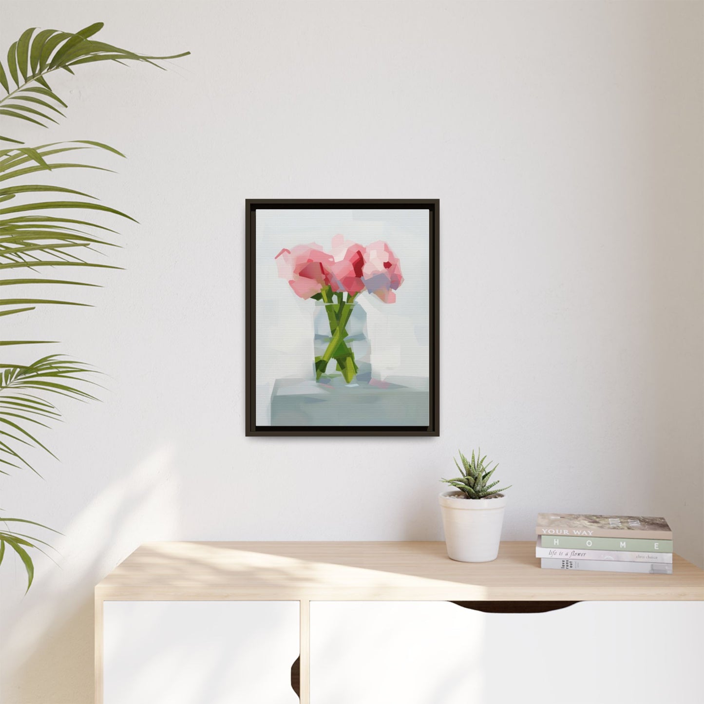 Framed Floral Canvas Art — Pink Peonies in Vase (Matte)