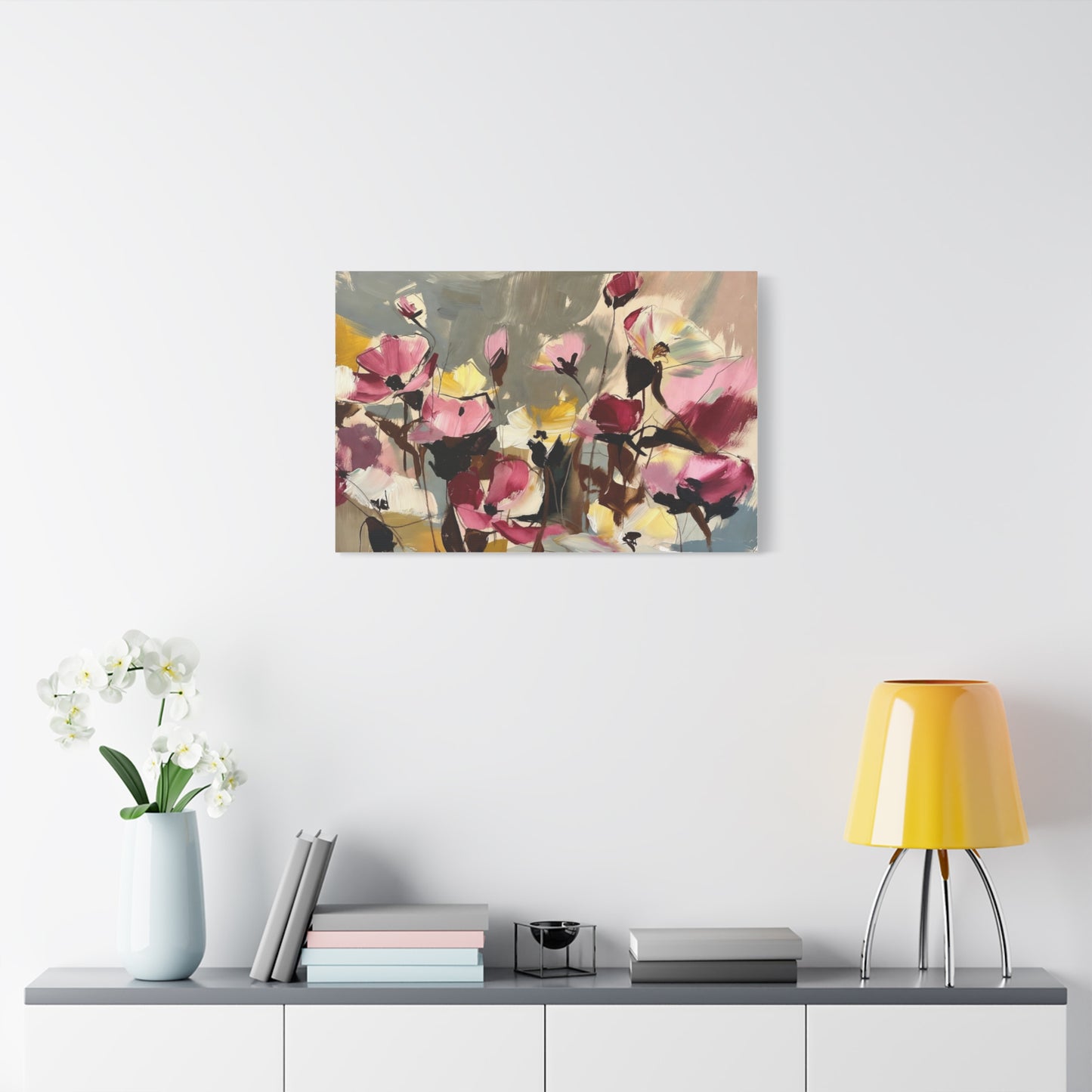 Floral Abstract Canvas Wall Art — Pink & Yellow Bloom Stretched Matte Print