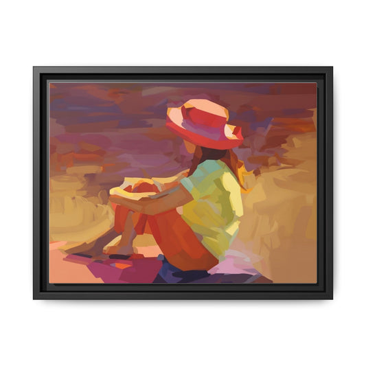 Framed Matte Canvas — Colorful Seated Girl Beach Art