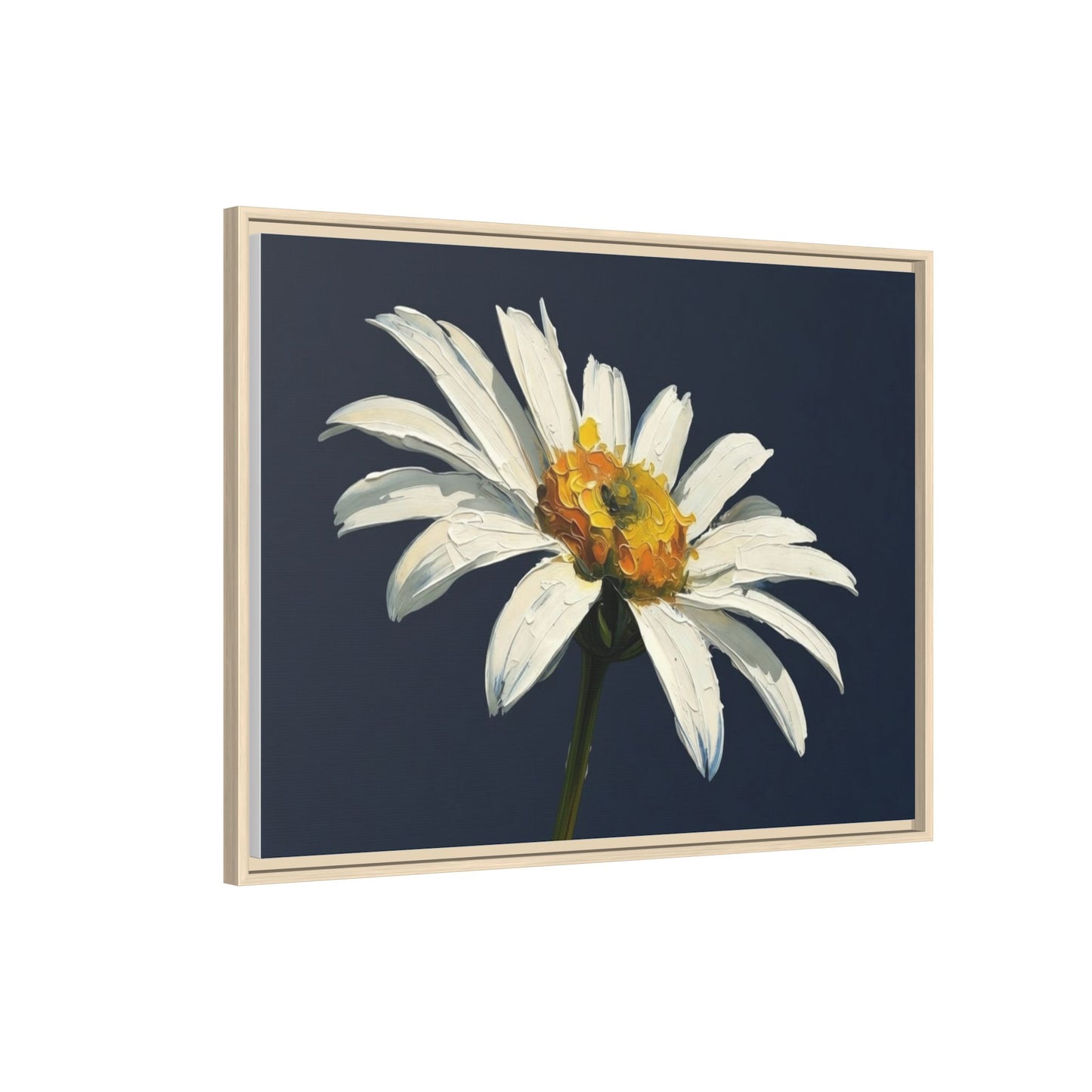 Framed Matte Canvas Daisy Wall Art — White Floral Painting on Navy