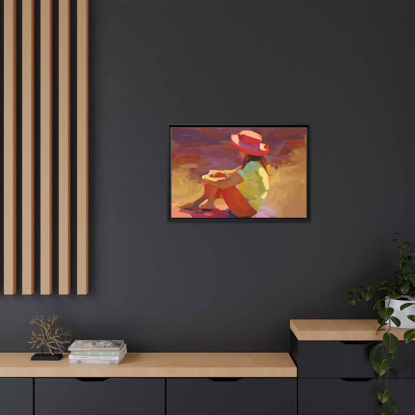 Framed Matte Canvas — Colorful Seated Girl Beach Art