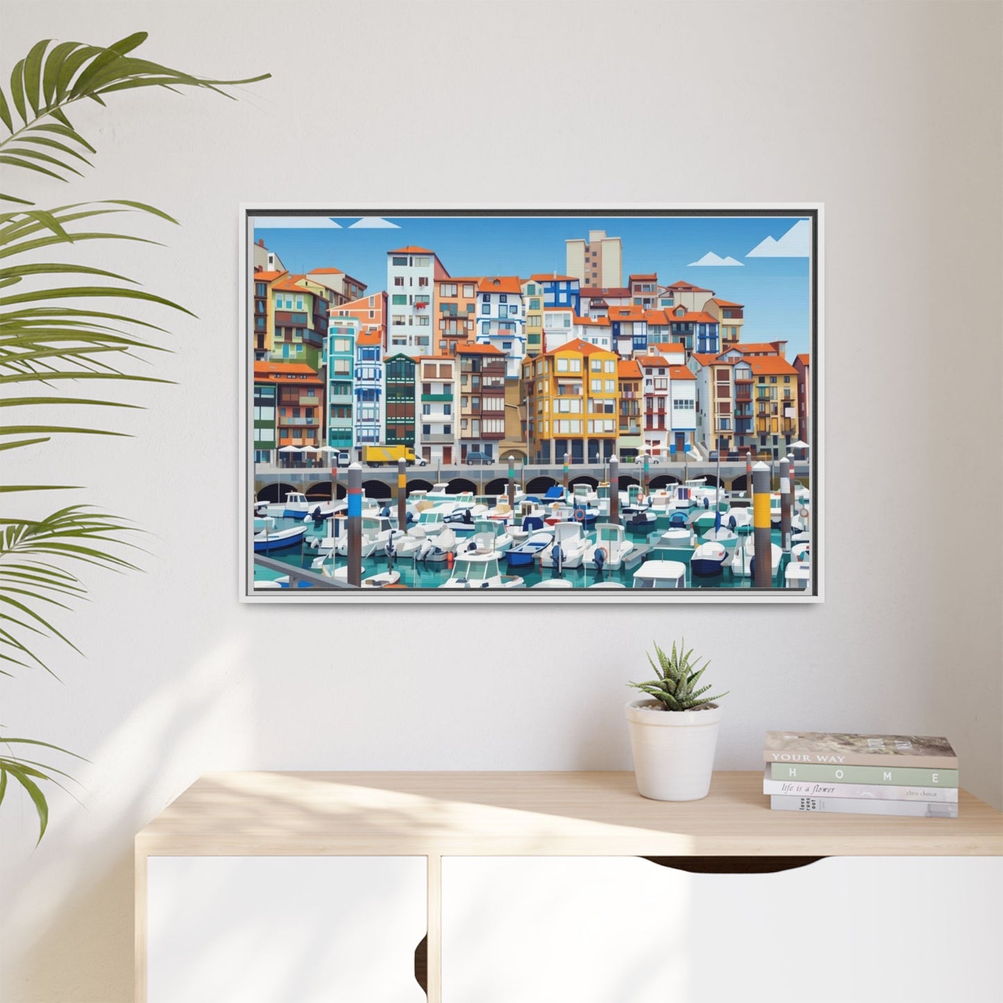Framed Matte Canvas Print — Colorful Mediterranean Harbor Illustration