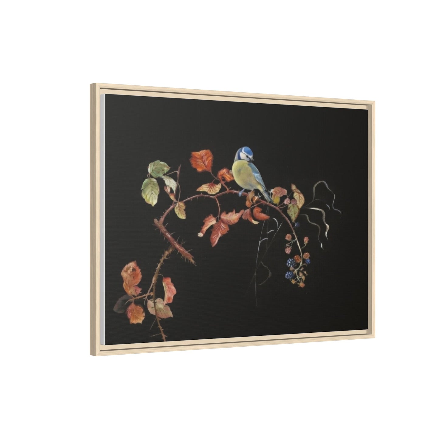 Framed Matte Canvas - Blue Tit on Autumn Branch Wall Art